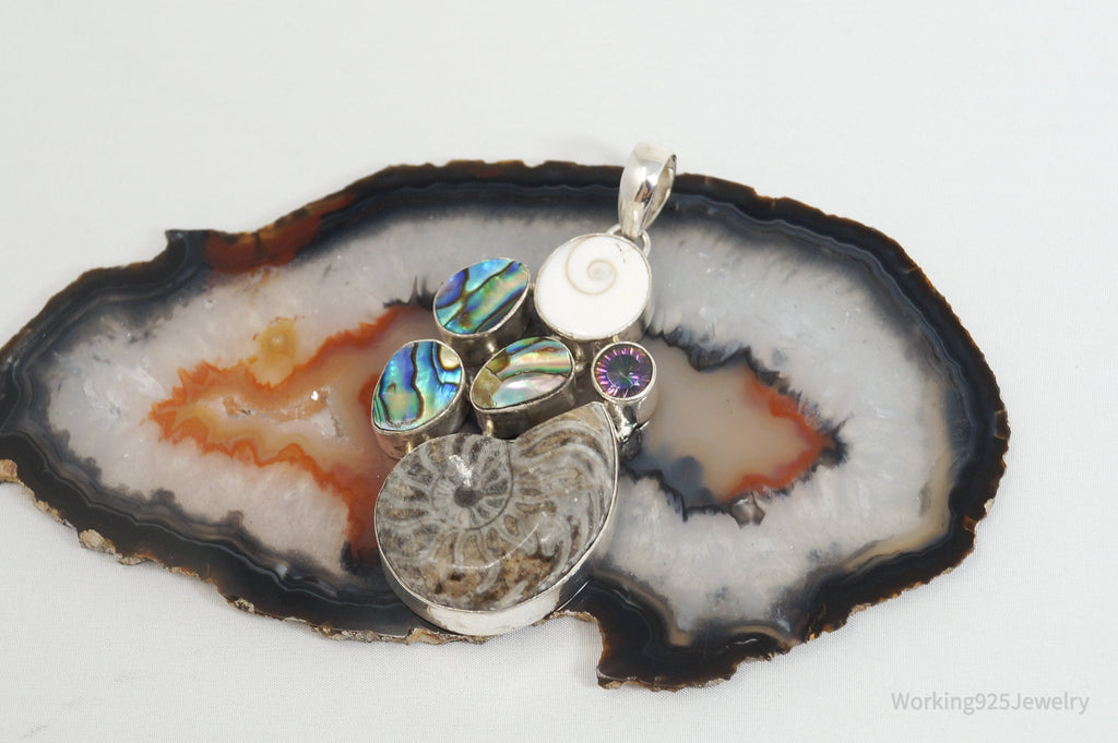 Vintage Large Fossil Shell Mystic Topaz Sterling Silver Abalone Necklace Pendant | Jewelry > Necklaces > Pendants | Wiccan Center