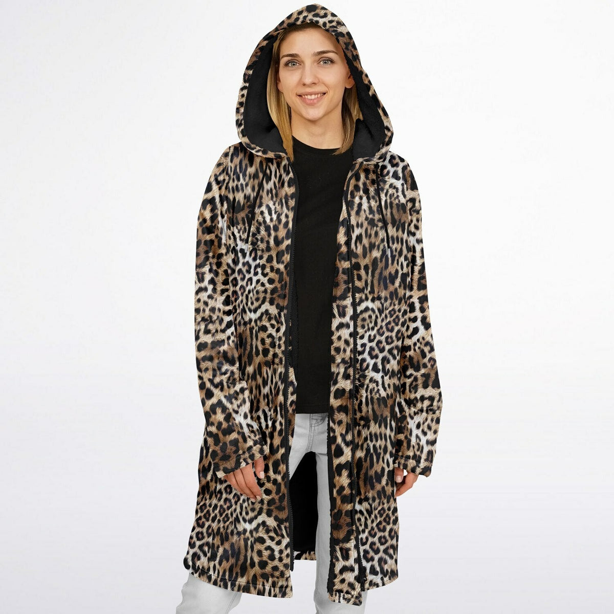 Leopard Print Cuddle Coat | Unisex Minky Sherpa Lined Coat with Hood, Zipper and Pockets | Women and Mens Festival Coat | Mountain Fashion