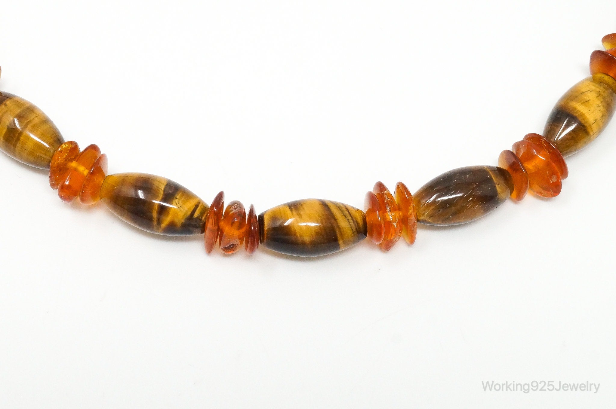 Vintage Designer GSJ Amber Tigers Eye Beads Sterling Silver Necklace | Jewelry > Necklaces > Pendants | Wiccan Center
