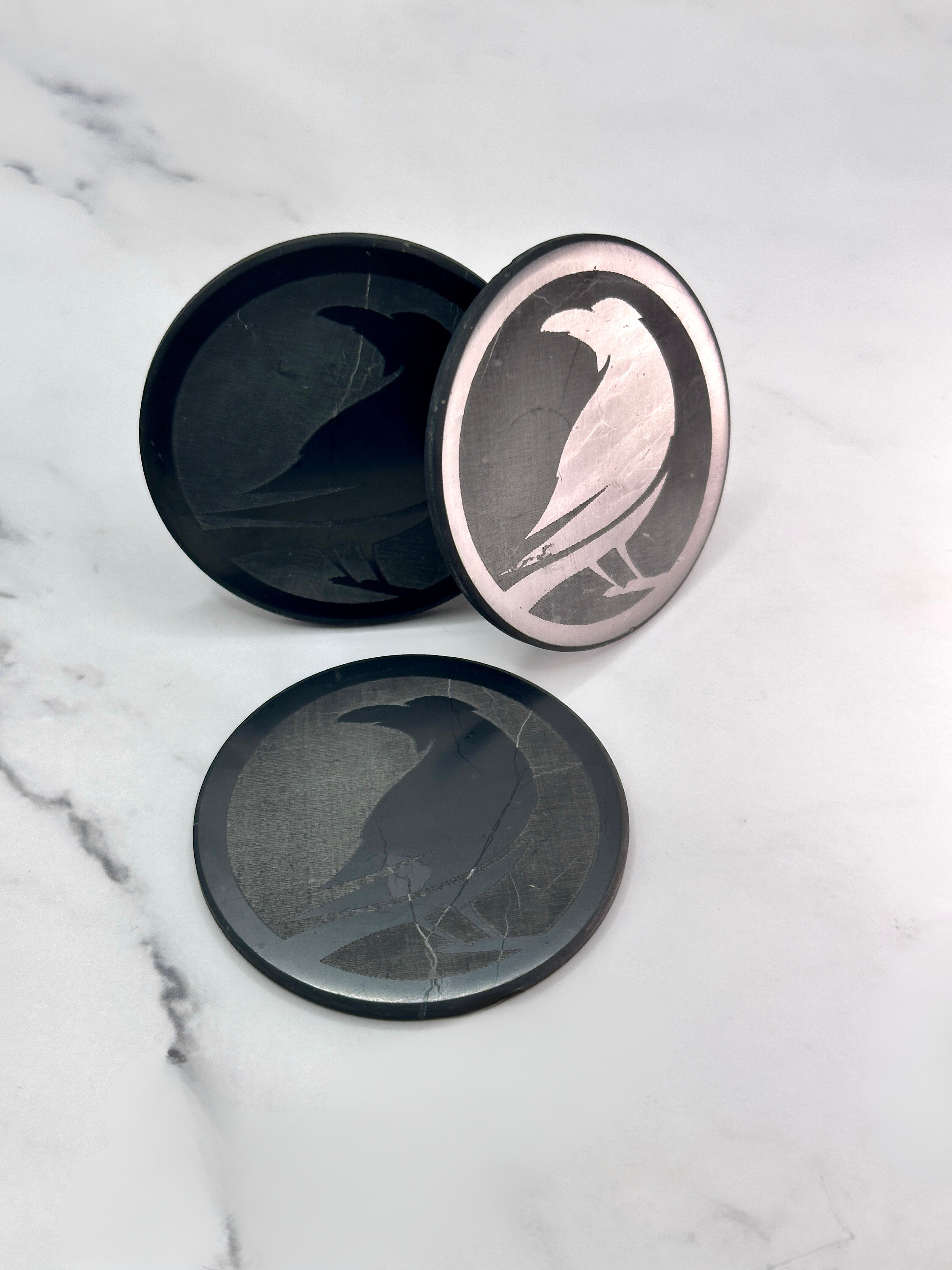 SENDING RAVENS SPECIAL EDITION SHUNGITE ROUND PHONE PLATES! - EMF Protection - Hand Cut Genuine Natural Shungite Phone Plate High Quality Black Lustrous Gemstone from Russia
