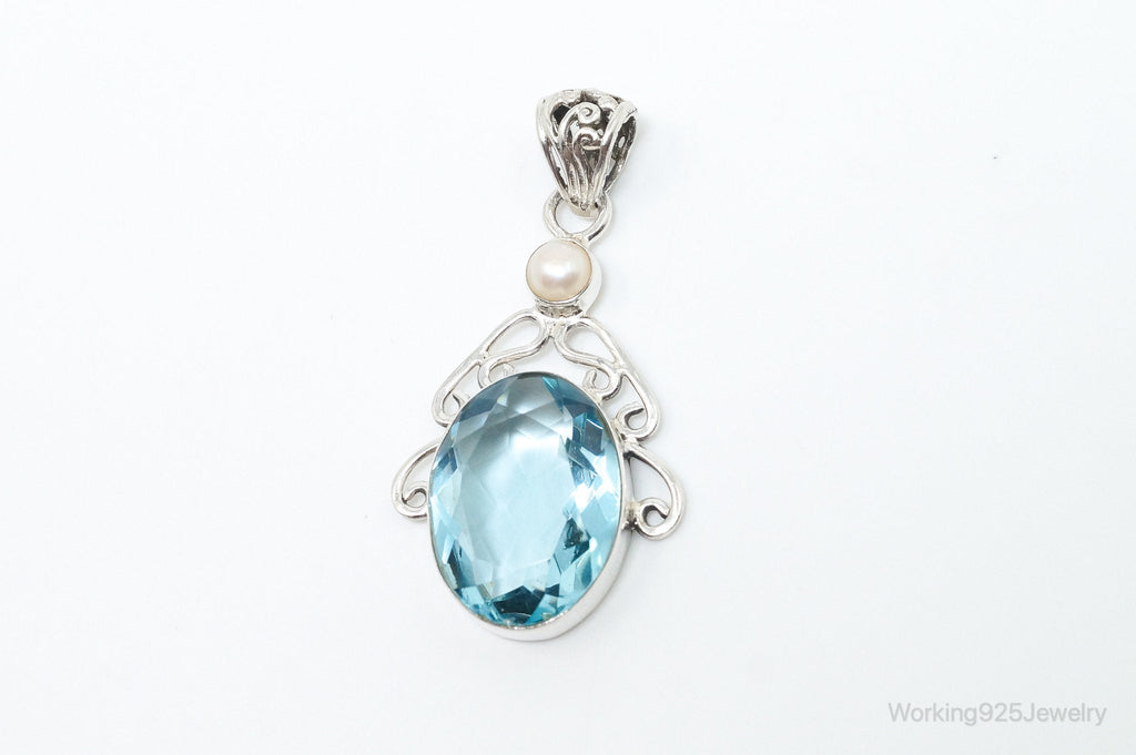 Vintage Art Deco Large Blue Topaz Pearl Sterling Silver Pendant | Jewelry > Necklaces > Pendants | Wiccan Center