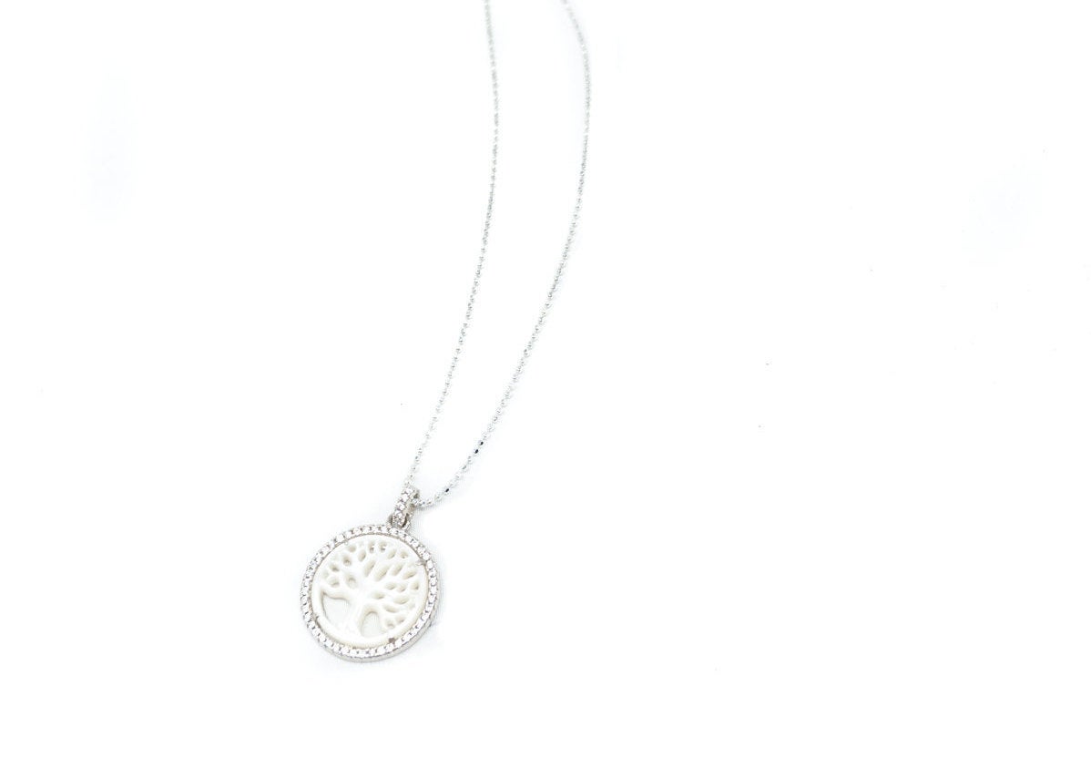 Vintage Carved Mother Of Pearl Star Tree Of Life CZ Sterling Silver Necklace | Jewelry > Necklaces > Pendants | Wiccan Center