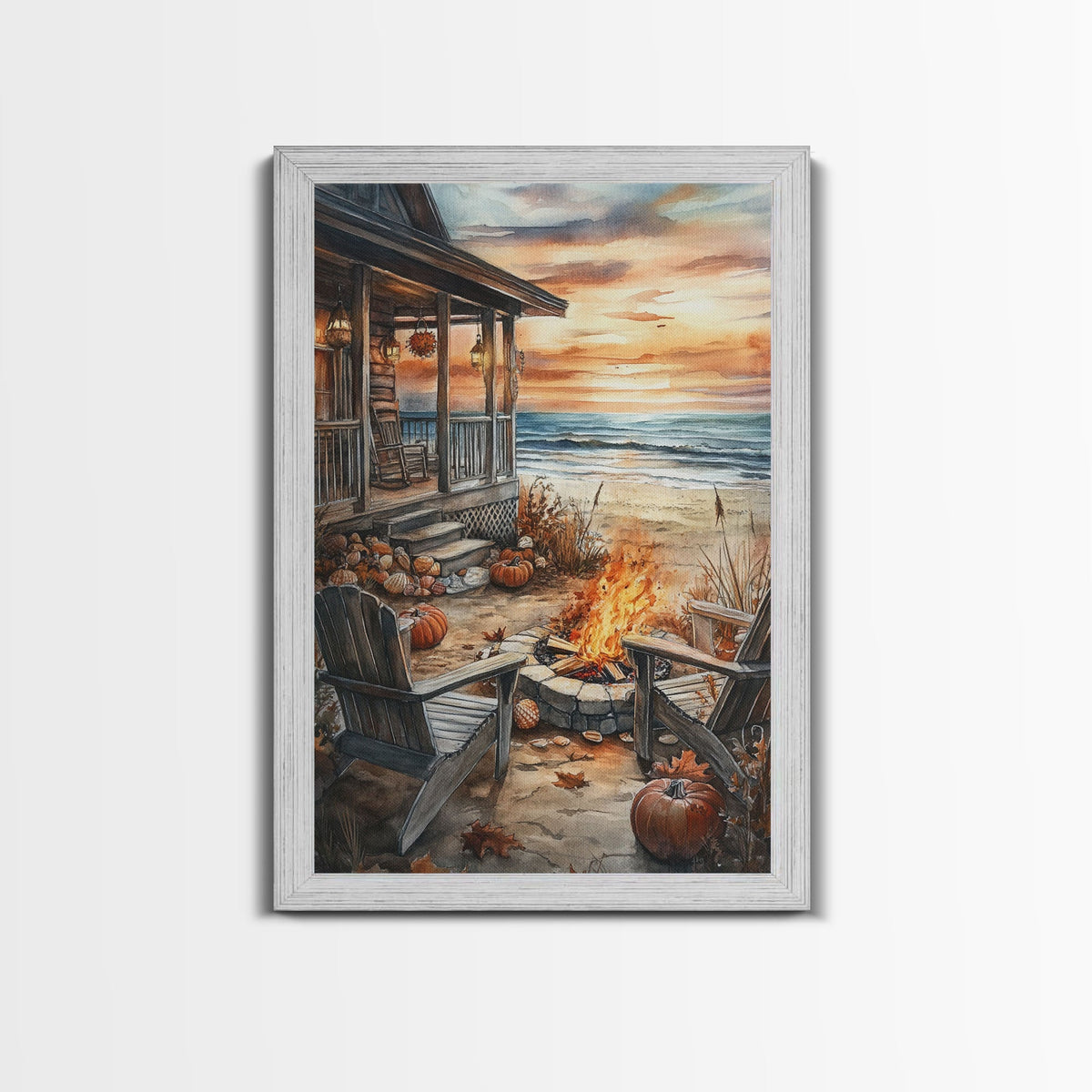 Beach Campfire On The Fall, Framed Canvas Print, Boho Beach Art Nautical Decor, Modern Christmas / Thanksgiving Gift Wall Art | | Wiccan Center