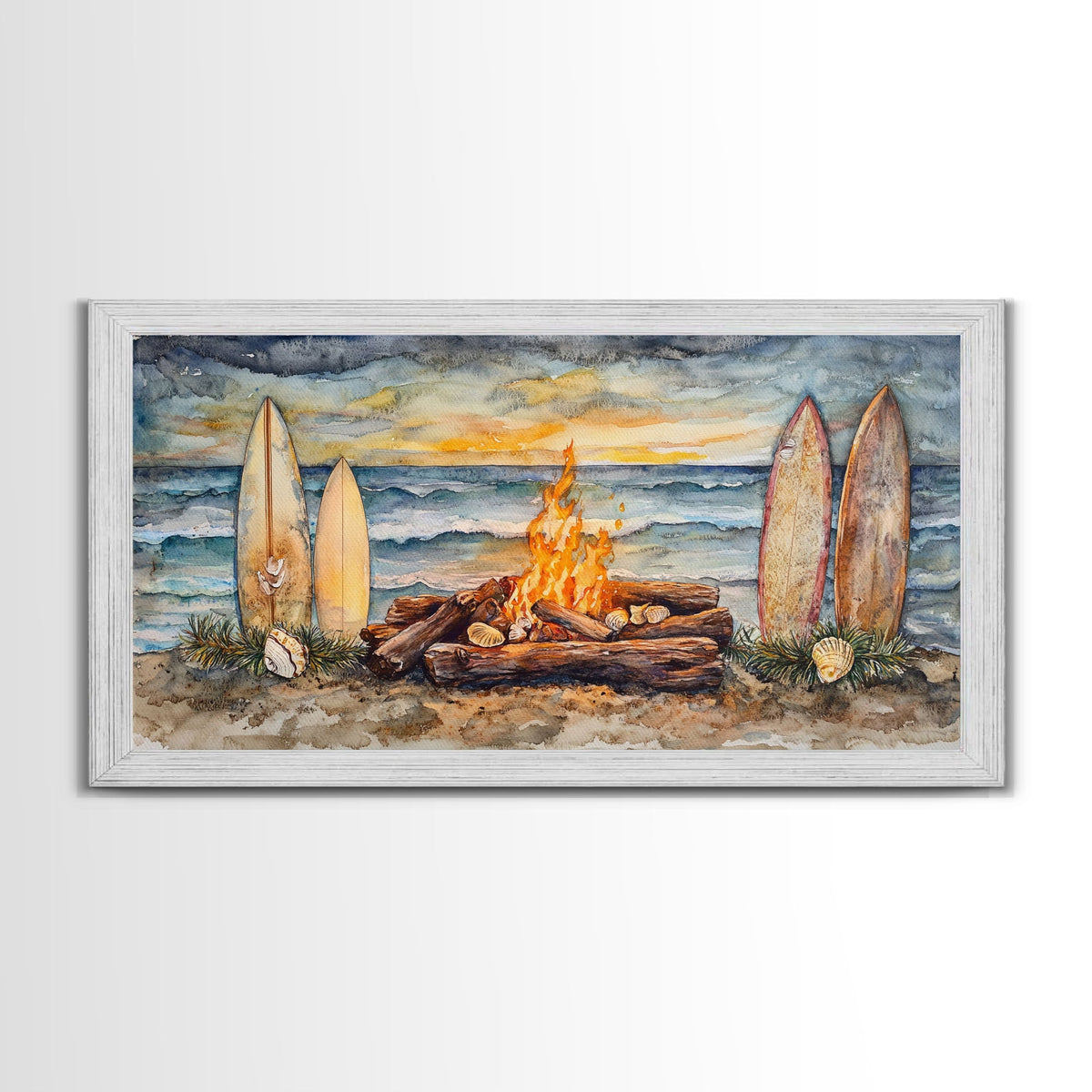 Surfboards And Bonfire On The Beach At Sunset, Tropical Coastal Wall Art, Beach Christmas Decor, Framed Canvas Print | | Wiccan Center