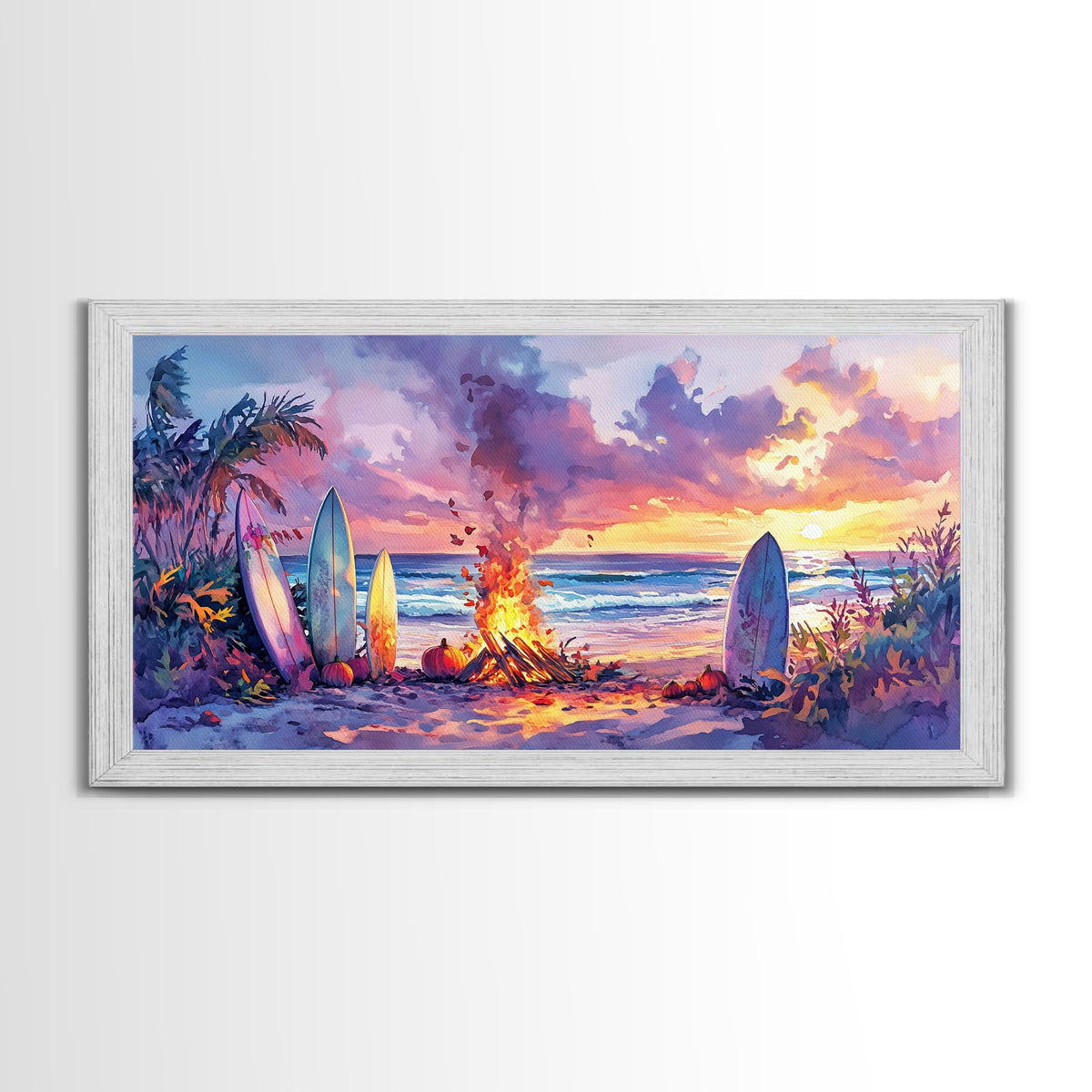 Surfboards And Bonfire At Sunset With Pumpkins, Tropical Beach Christmas Wall Art, Coastal Holiday Framed Canvas Print | | Wiccan Center