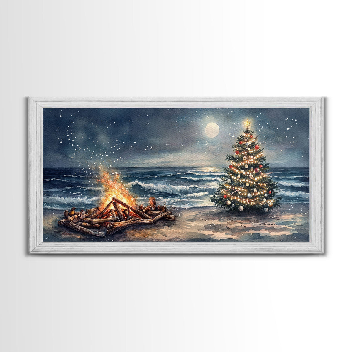 Cozy Bonfire On Beach With Christmas Tree Framed Canvas Print, Nighttime Winter Beach Holiday Wall Art And Coastal Decor | | Wiccan Center