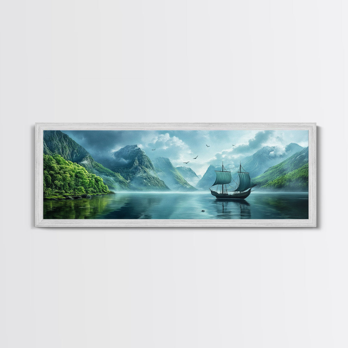 Pirate Ship In The Bay - Framed Canvas Print - Fantasy Decor - Original Landscape Oil Painting - Vintage Ship Painting - Panoramic Art