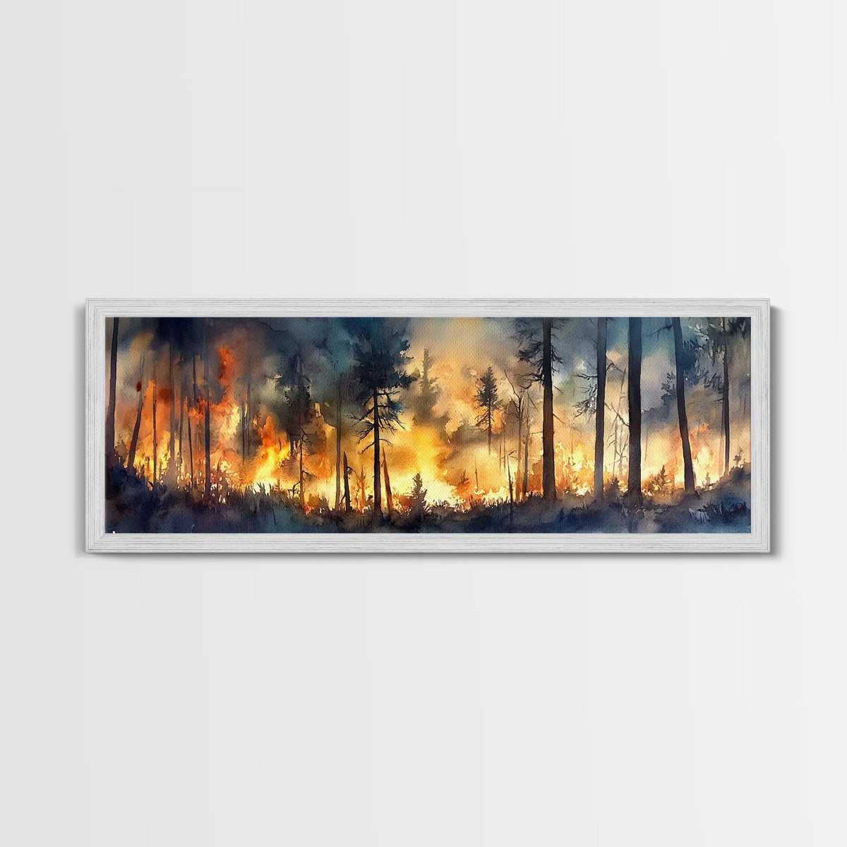 Watercolor Painting Print of a Forest on Fire, Extra Wide Horizontal Art, Forest Fire Painting, California Wall Art | | Wiccan Center