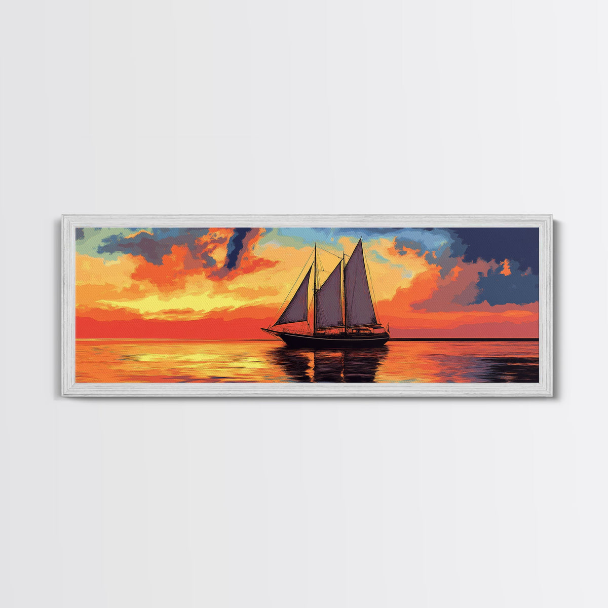 Pirate Ship at Sunset Framed Canvas Print - Panoramic Wall Art - Sailboat Painting - Sail Boat Art - Nautical Decor - Lake House Art | | Wiccan Center