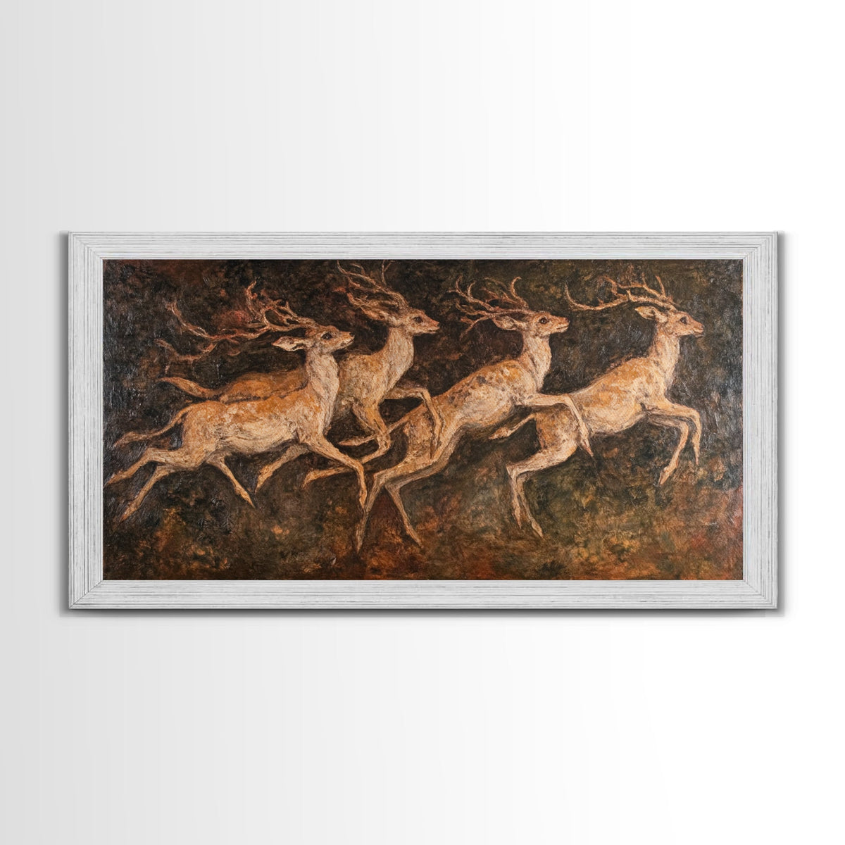 Deer In The Forest 19th Century Folk Art Style Canvas Print, Folk Art Oil Painting Print, Liminal Art, Abstract Painting Home Decor
