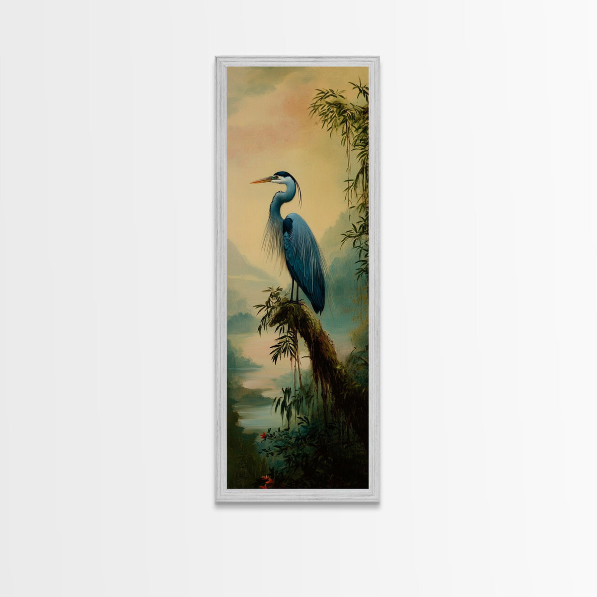 Framed Canvas Print Blue Heron Landscape Bird Art Whimsical Wall Art Coastal Decor Cottagecore Rustic Decor Tall Skinny Art Bird Painting