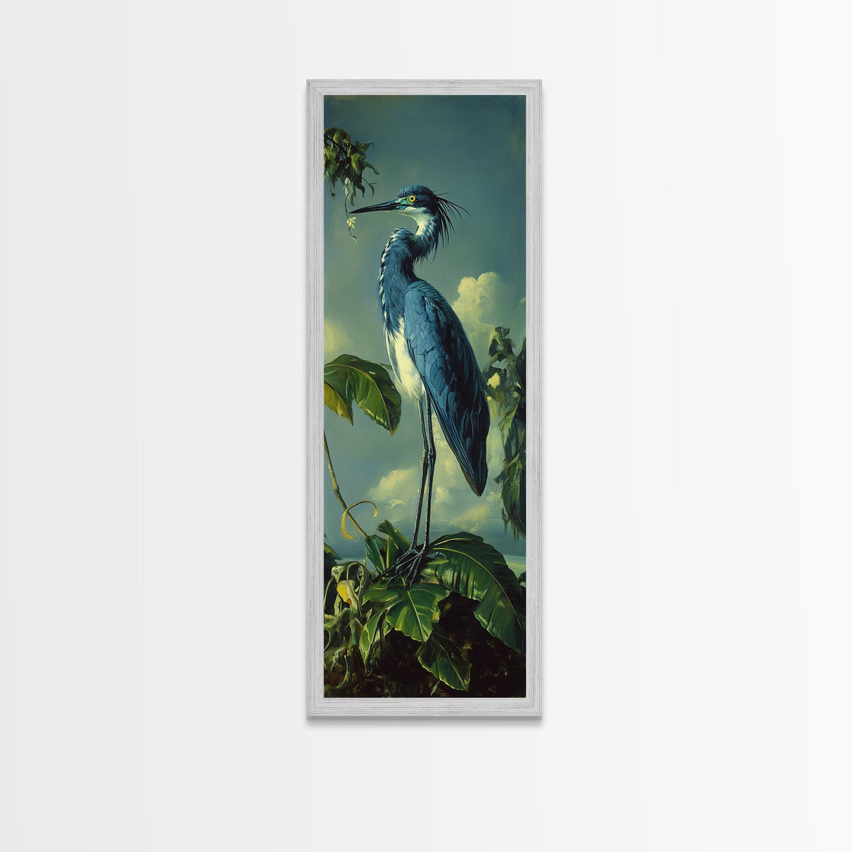 Framed Canvas Print Blue Heron Landscape Bird Art Coastal Decor Tall Narrow Art Whimsical Wall Art Cottagecore Gift Idea Bedroom Art