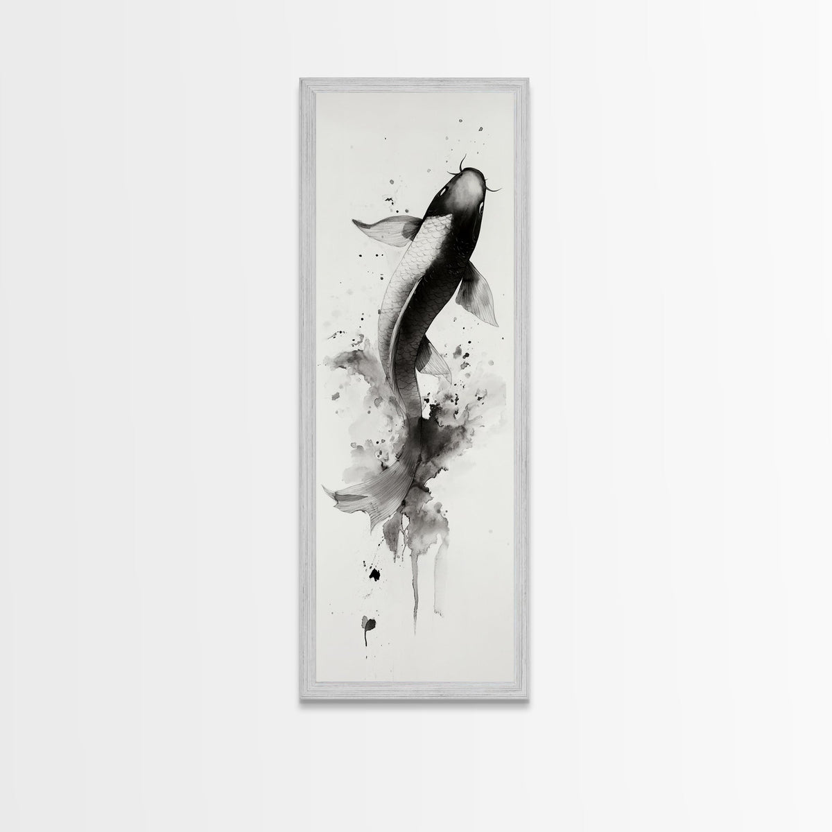 Tall Skinny Koi Fish Painting Print, Black and White Wabi Sabi Wall Art, Koi Fish Wall Decor, Japanese Style Elegant Artwork, Narrow Wall Art