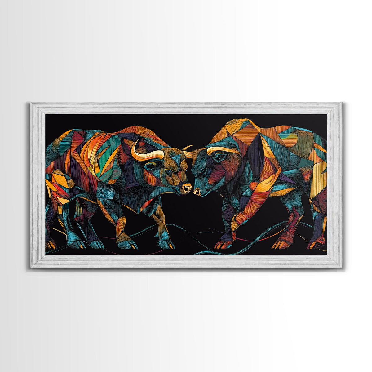 Vibrant Mosaic Bulls Canvas Print Colorful Geometric Wall Art Rustic Decor Living Room Art Tall Narrow Art Bull and Bear Art