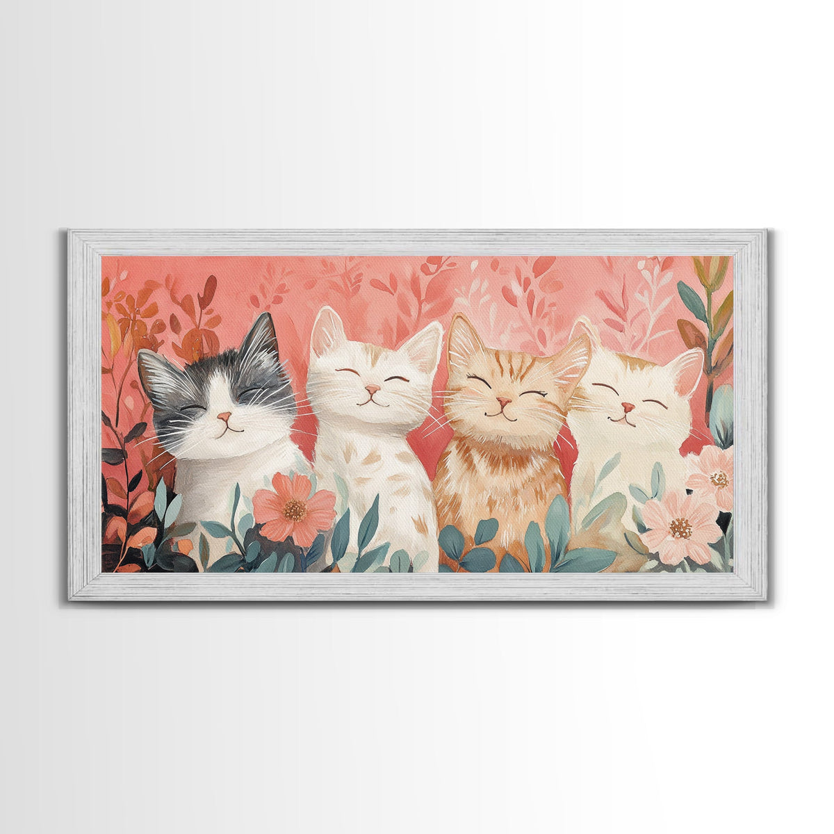 Cats and Flowers Painting Framed Canvas Print, Whimsical Pink Wall Art, Rustic Original Artwork, Cottagecore Decor Gift Idea