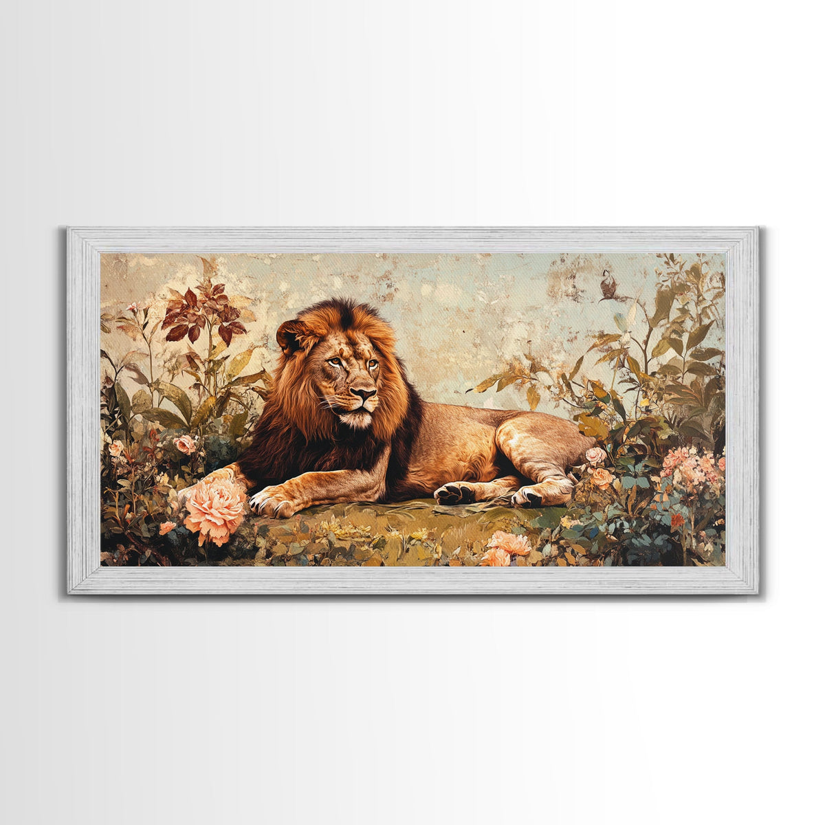 Regal Lion in Wildflowers Framed Canvas Print, Safari Wildlife Painting, African Rustic Wall Art, Boho Nature Decor, Animal Kingdom Art