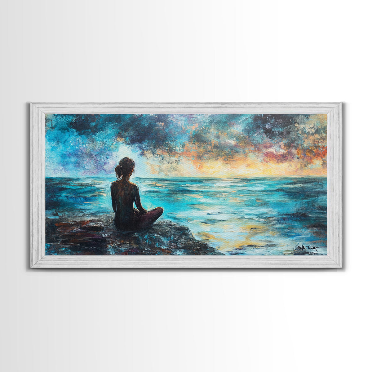 Woman Meditating Coastal Sunset Framed Canvas Print Yoga Art Nautical Wall Art Bedroom Decor Perfect Gift Idea Coastal Cowgirl Artwork | | Wiccan Center