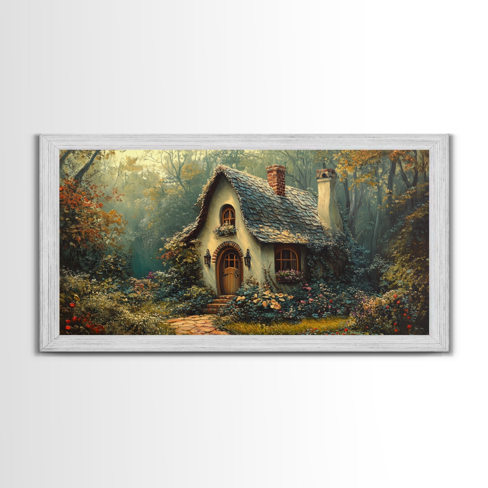 Enchanted Forest Cottage Framed Canvas Print Fairytale Cottagecore Rustic Wall Art Whimsical Landscape Painting Above Sofa Art Gift Idea