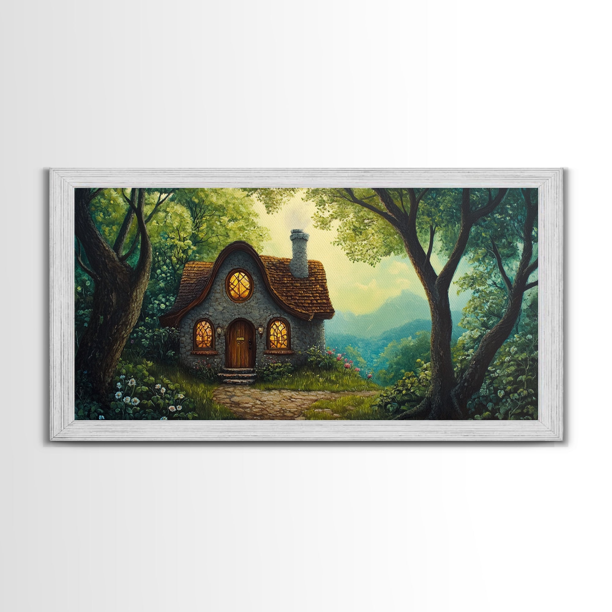 Cozy Forest Cottage Canvas Print Cottagecore Landscape Art Rustic Home Decor Whimsical Above Bed Art Fairy Tale Wall Art Gift Idea