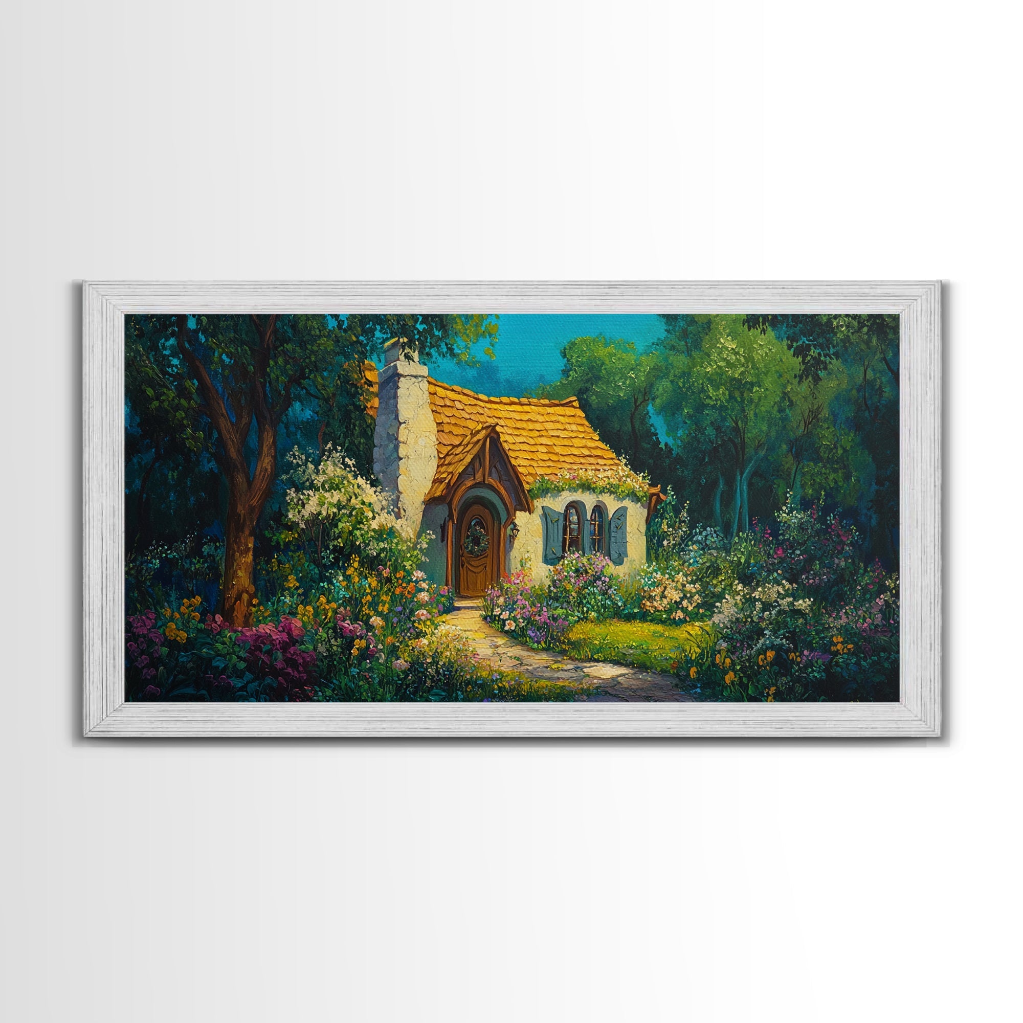 Garden Cottage Scene Framed Canvas Print Whimsical Cottagecore Art Rustic Wall Decor Fairytale Landscape Painting Guest Room Art