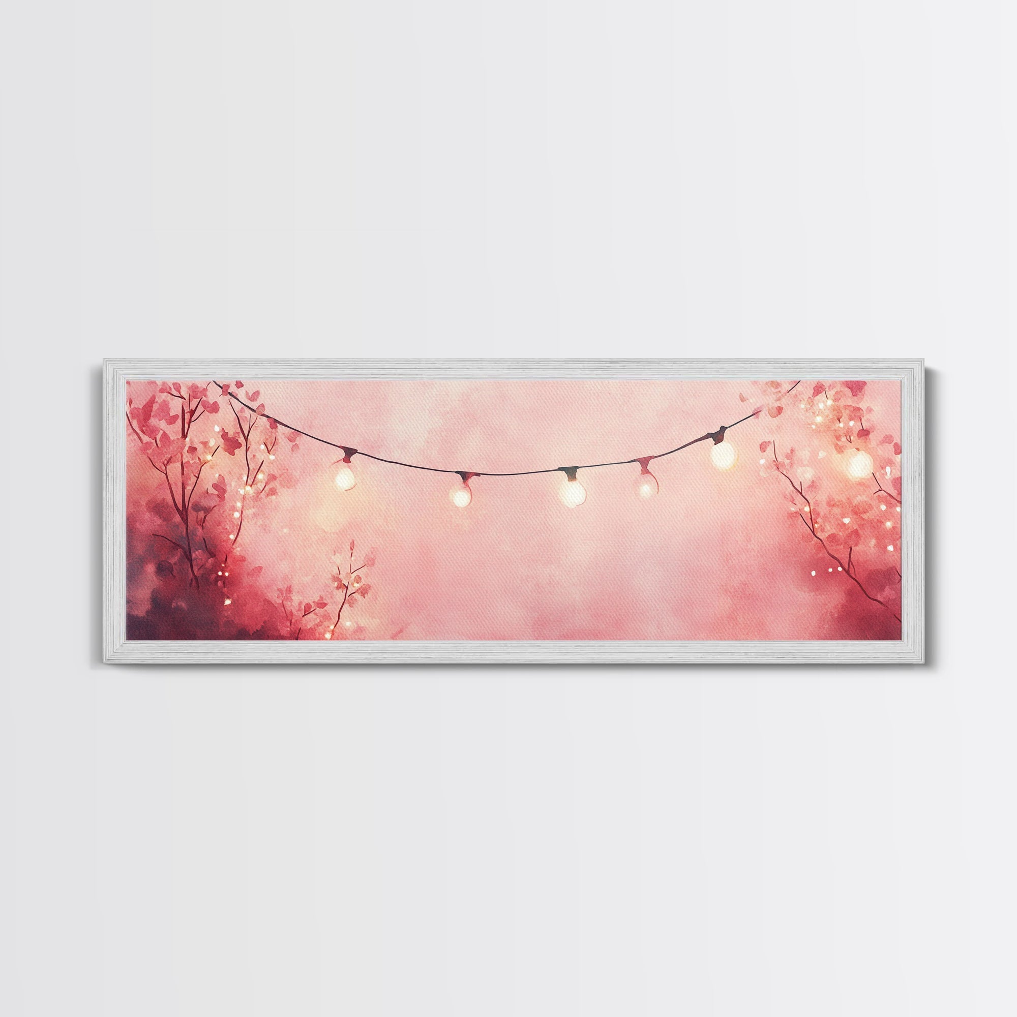 Pink Wall Art Framed Canvas Print with Fairy Lights in Blush Backdrop, Cottagecore Aesthetic, Horizontal Rustic Decor for Living Room
