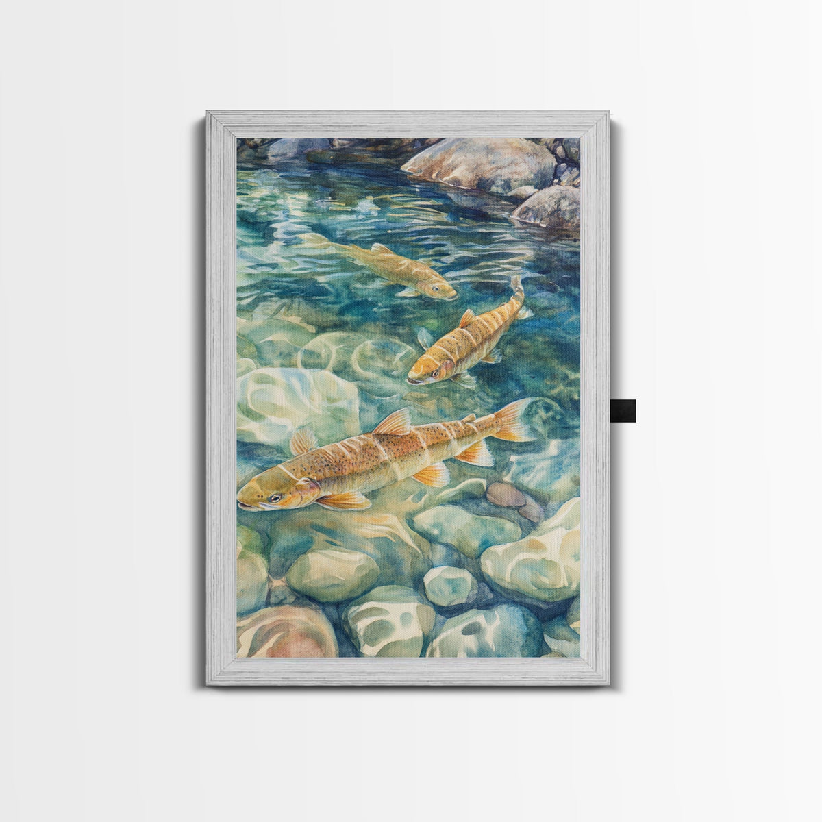Gentle Swimming Trout Framed Canvas Print Fly Fishing Art Rustic Living Room Wall Art Cabin Decor Gift Idea Cottagecore