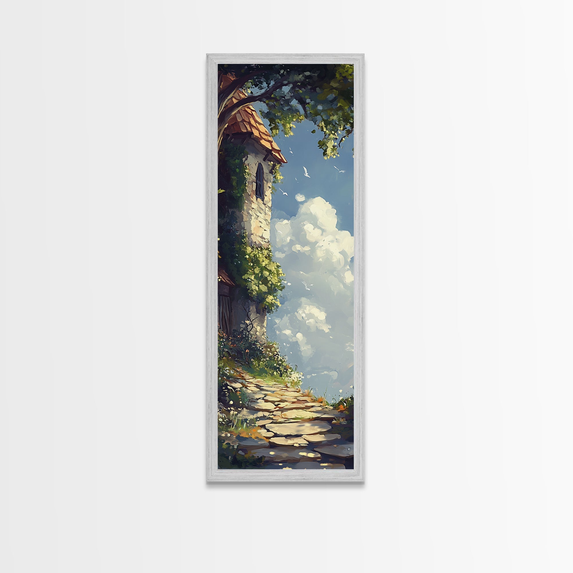Cottage Tower, whimsical art, fairy tale painting, cottagecore wall art, rustic decor, framed canvas print, vertical wall art