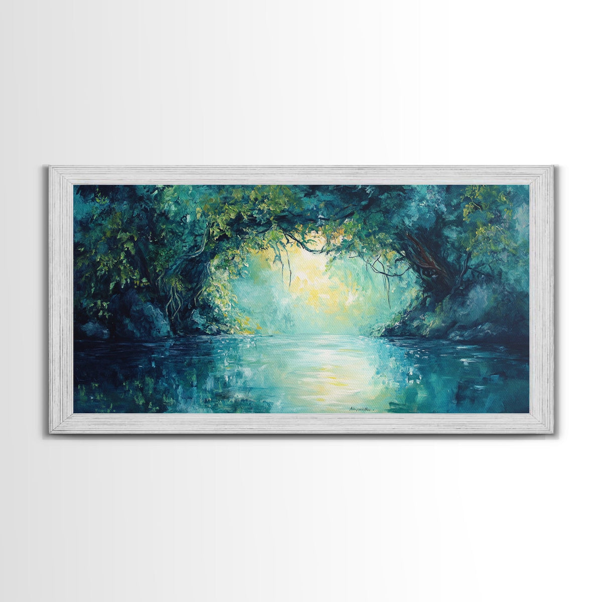 Mystical River, Framed Canvas Print, landscape painting, moody art, forest at dusk painting, teal wall art, extra wide art | | Wiccan Center