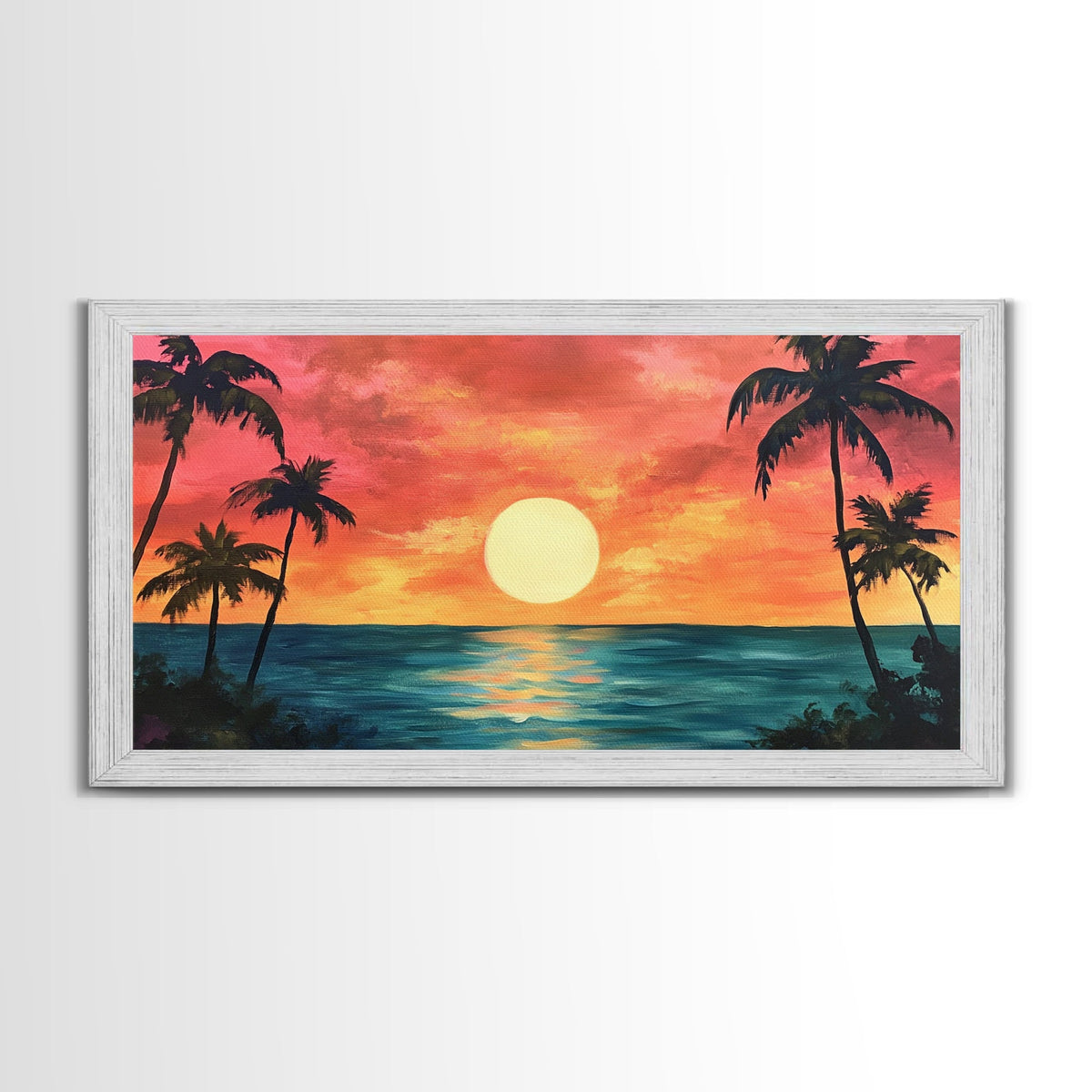 Tropical Sunset, Palm Tree Art, Coastal Cowgirl Wall Art, Hawaii Art, Ocean Landscape, Horizontal Wall Art, Framed Canvas Print | | Wiccan Center