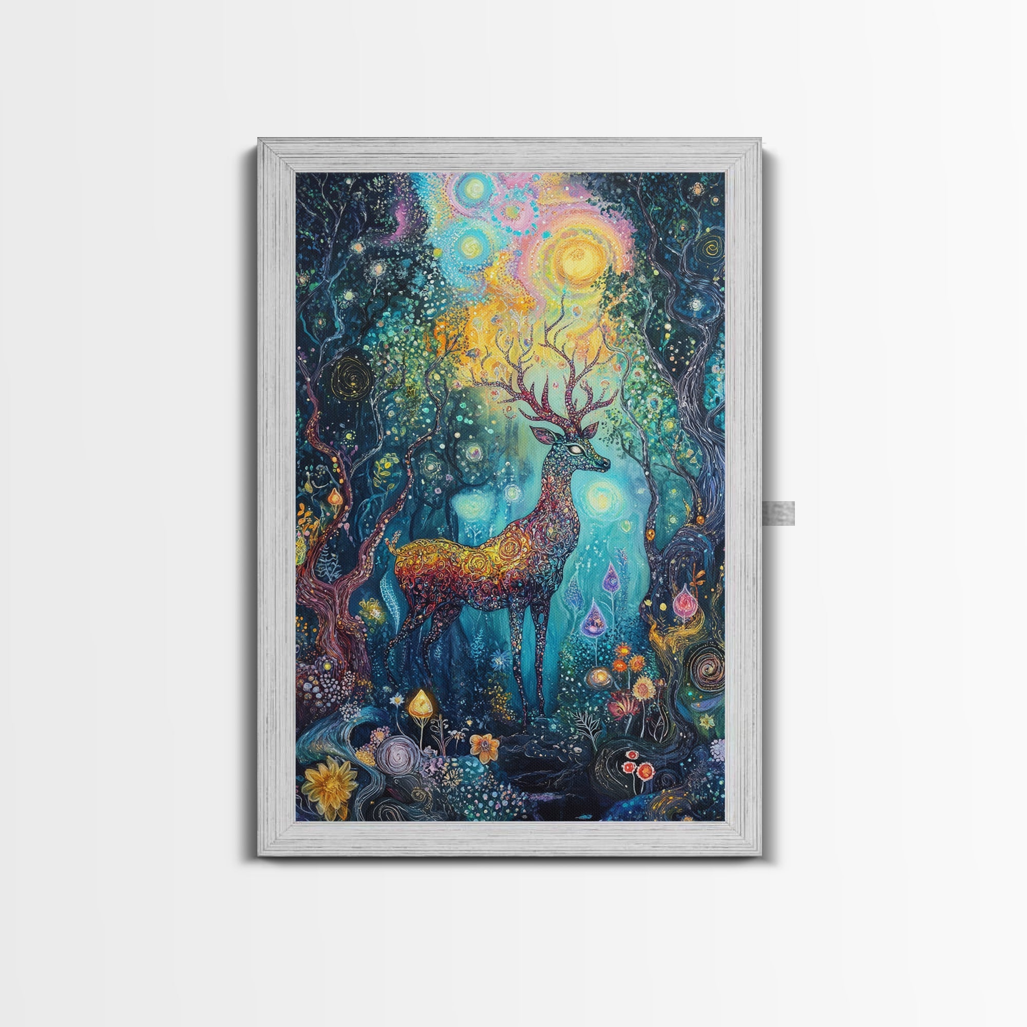 Celestial Deer, Magical Forest, Fantasy Animal Art, Enchanted Wall Art, Cottagecore Wall Art, Above Couch Art, Framed Canvas Print