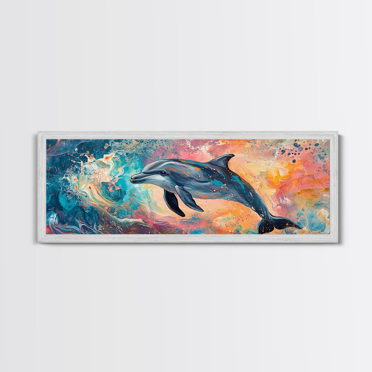 Playful Dolphin in Ocean Waves, Colorful Abstract Sea Life Art, Vibrant Marine Animal Painting, Coastal Home Decor