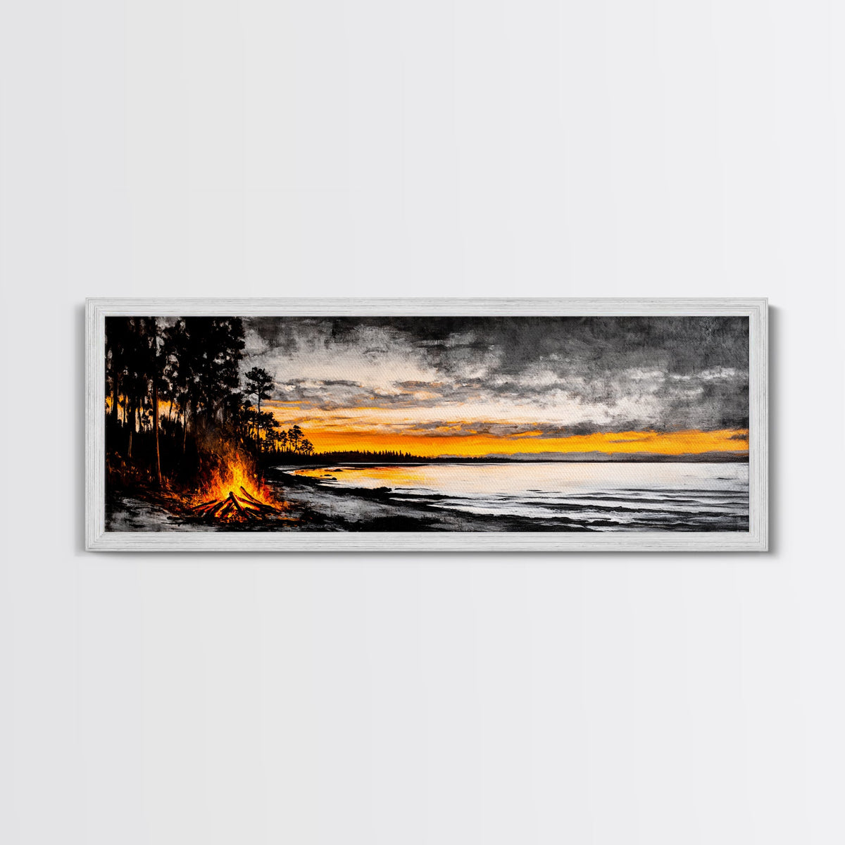 Campfire by Lake, Sunset Landscape Art, Cozy Rustic Print, Fall Wall Decor, Outdoor Adventure Canvas Print, Framed Canvas Print | | Wiccan Center