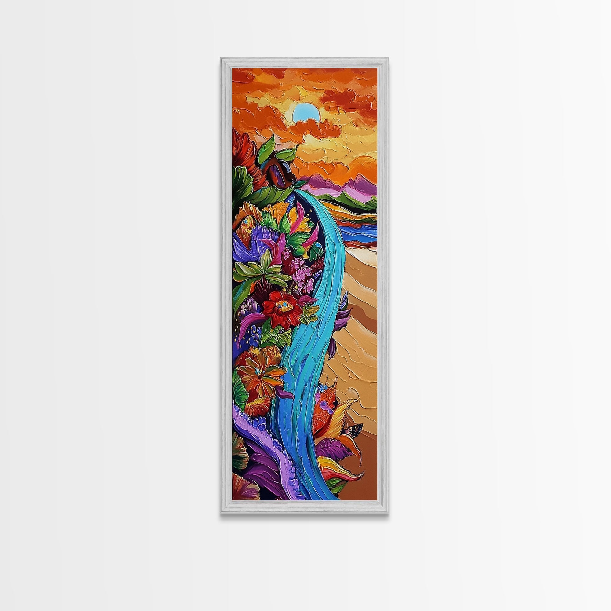 Sunset Waterfall, Floral Cliff, Magical River, Dreamy Boho Wall Art, Framed Canvas Print, Colorful Fall Living Room Decor