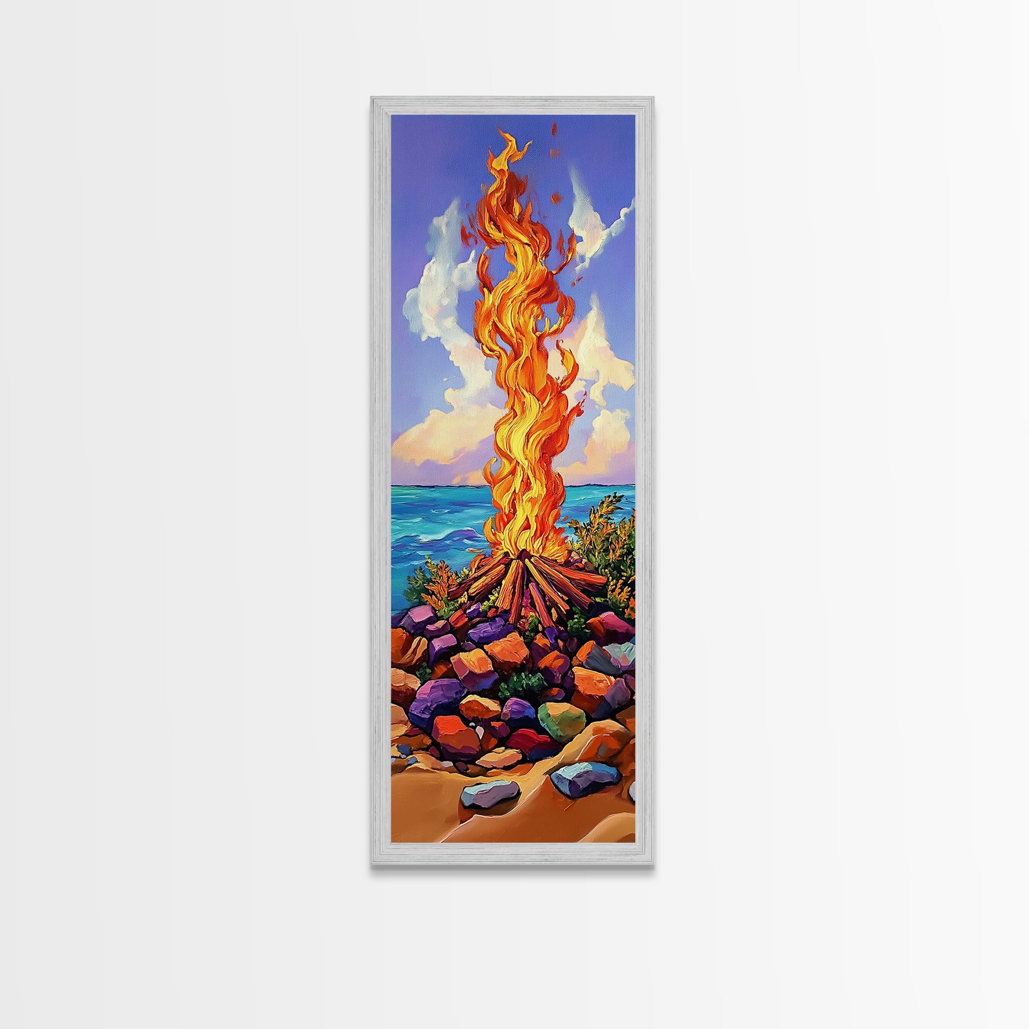 Campfire Ocean, Stones Sky – Coastal Bonfire Landscape, Colorful Nature Wall Art, Framed Canvas Print, Beach House or Cabin Decor | | Wiccan Center