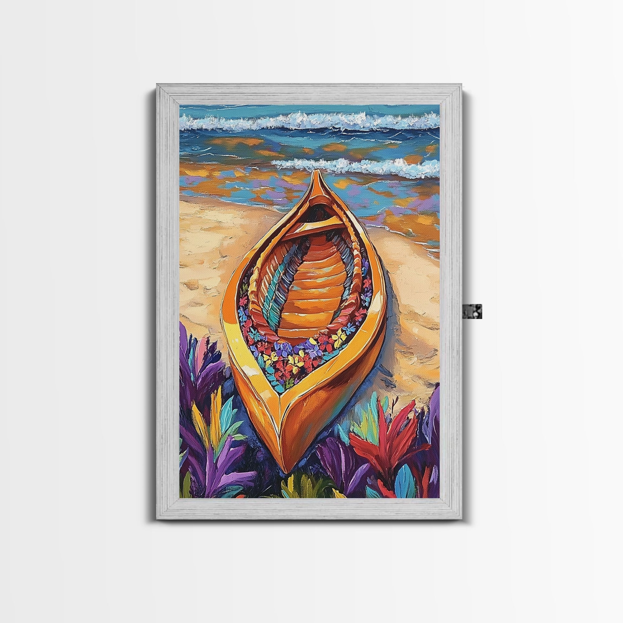 Flower Boat, Beach Magic, Vibrant Seashore, Tropical Joy, Canvas Print, Bathroom Wall Art, Nautical Decor, Bold Beach Colors, Boho Art