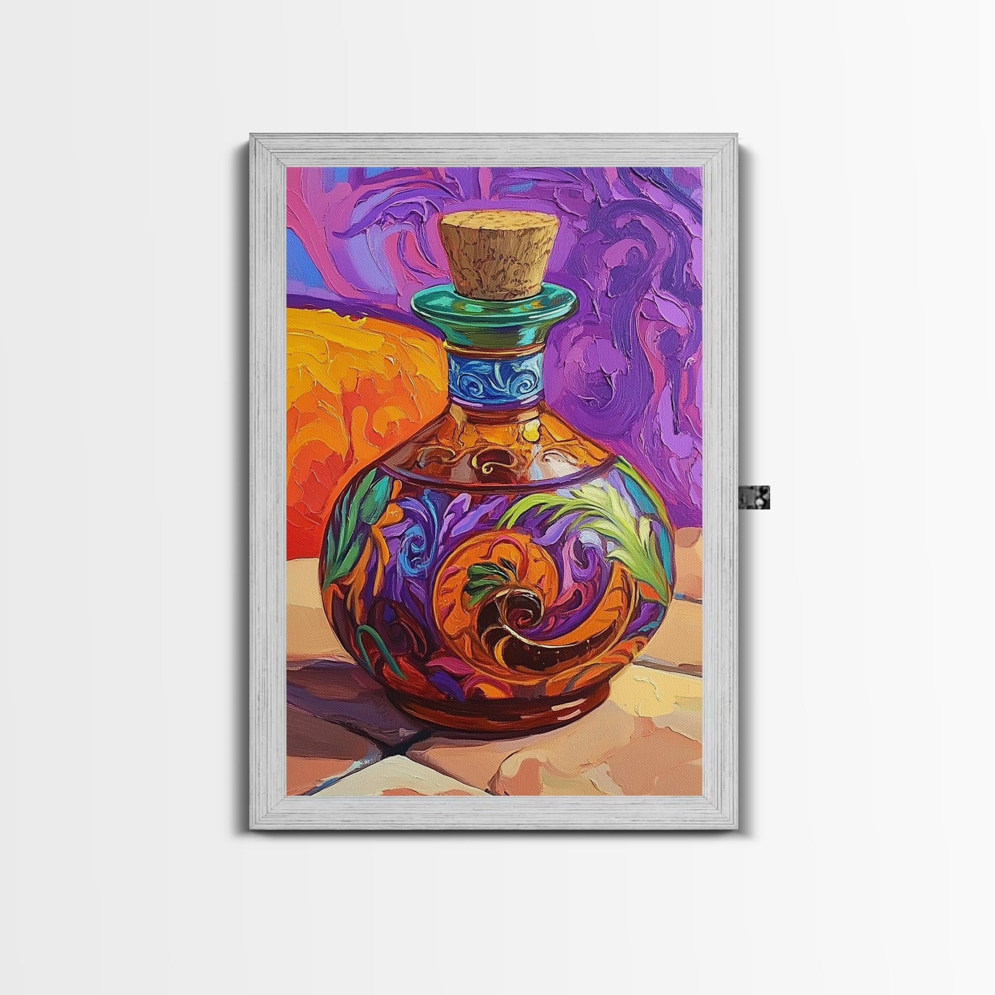 Ornate Potion Bottle, Fantasy Glass Art, Vibrant Color Decor, Framed Canvas Print, Whimsical Kitchen Wall Art, Magic Home Accent