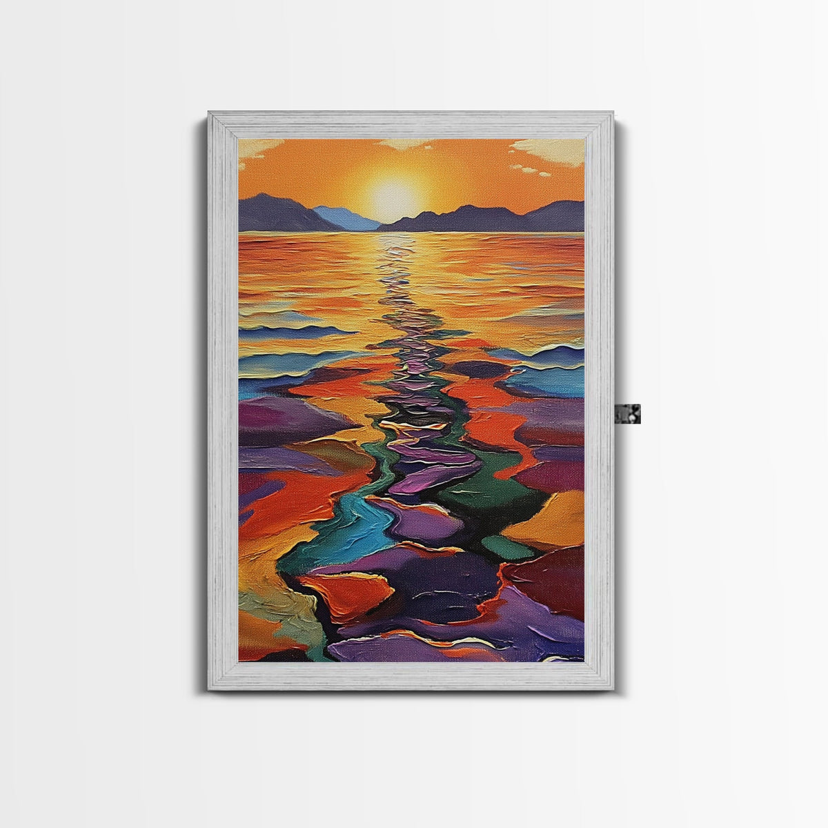 Sunset Reflection, Colorful Waters, Abstract Shoreline, Mountains — Framed Canvas Print modern abstract beach painting, bold hallway decor | | Wiccan Center