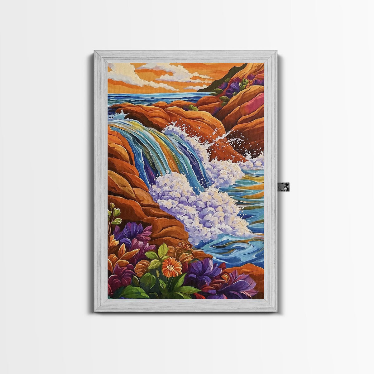 Coastal Waterfall, Ocean Rocks, Tropical Seascape, Sunset Art, Framed Canvas Print bathroom decor, beach lovers gift, colorful nature art | | Wiccan Center
