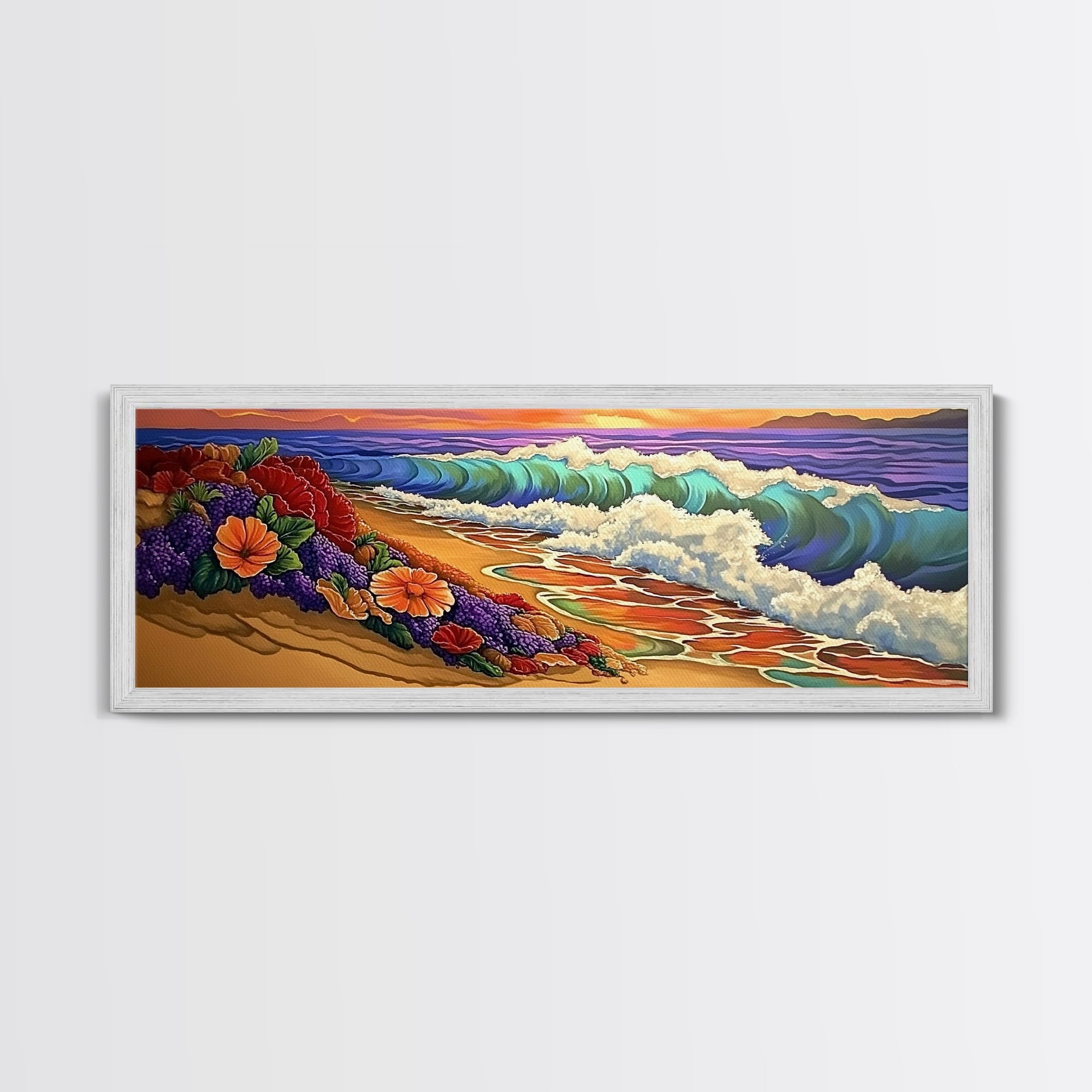 Floral Shoreline, Ocean Bloom, Wave Magic, Framed Canvas Print, Coastal Cottage Wall Art, Colorful Beach Art, Boho Seaside Vibes