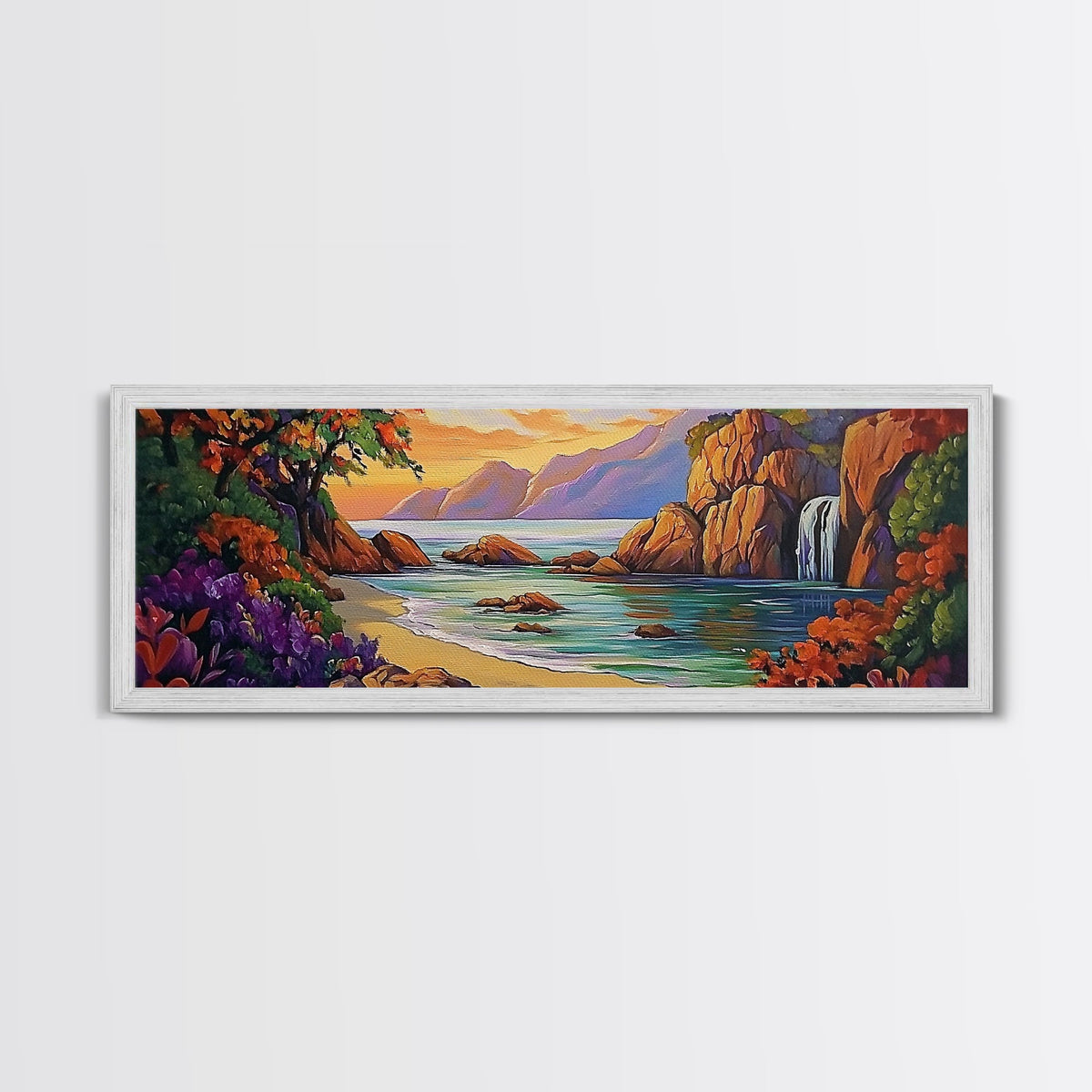 Waterfall Cove, Sunset Seascape, Tropical Paradise, Nature Retreat, Framed Canvas Print, Bathroom Wall Art, Vibrant Coastal Art | | Wiccan Center