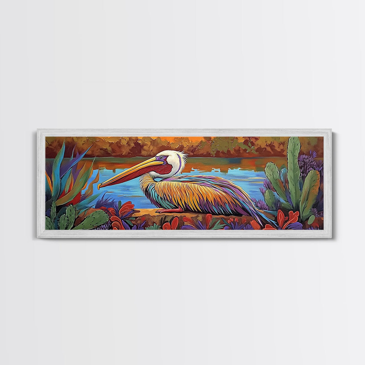 Colorful Pelican, Tropical Bird, Lake Wildlife, Autumn Palette, Framed Canvas Print, Boho Nature Wall Art, Dining Room Bird Artwork