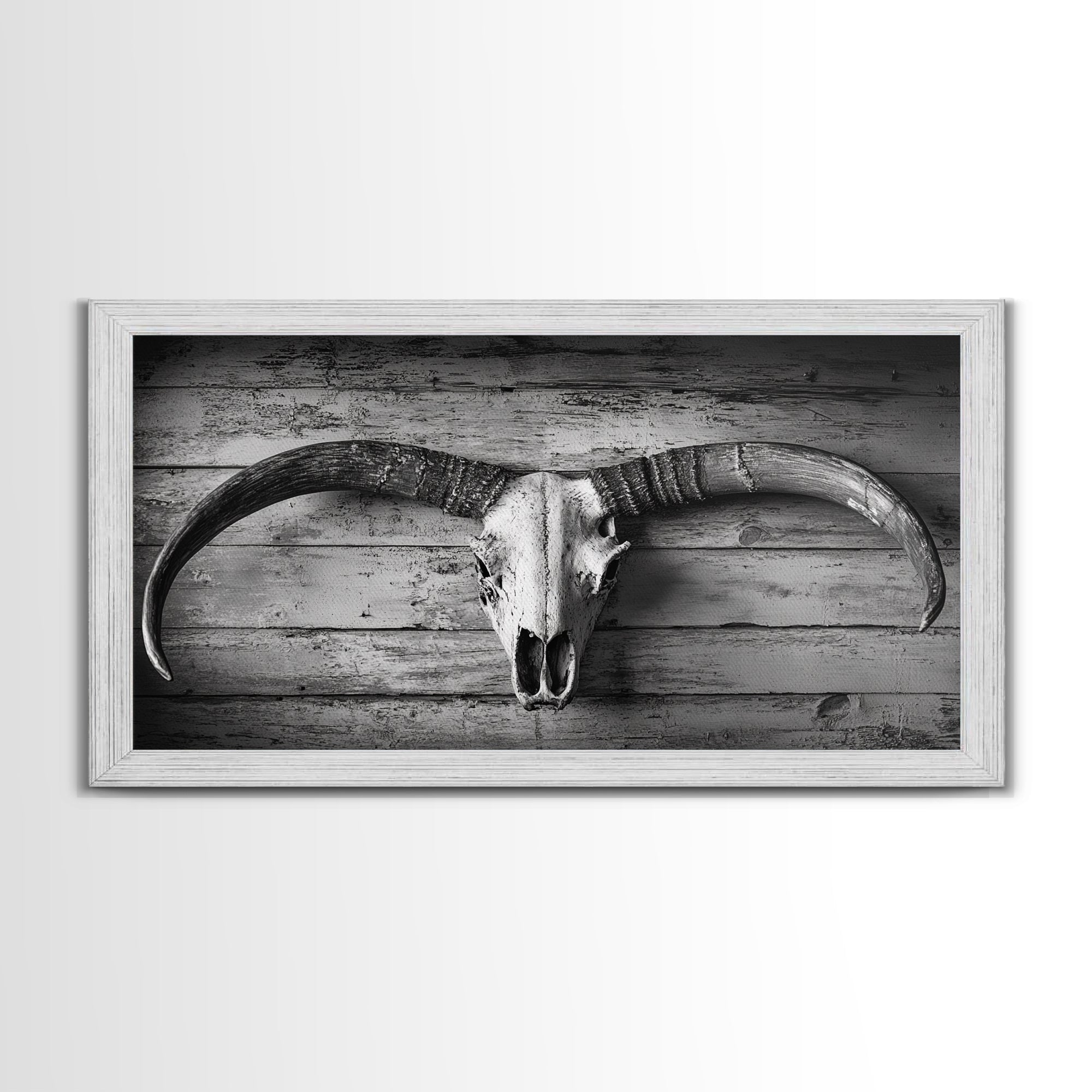 Bull Skull, Rustic Horns, Western Cabin Decor, Weathered Wood, Framed Canvas Print, Farmhouse Wall Art, Cowboy Office Decor, Rustic Wall Art | | Wiccan Center