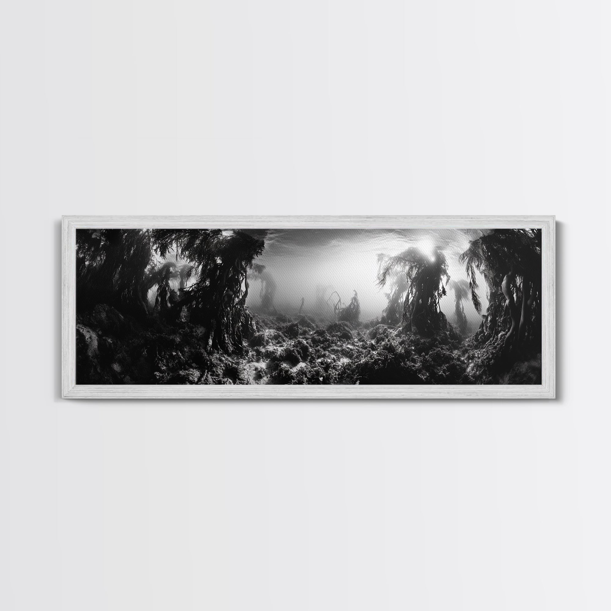 Kelp Forest, Underwater Magic, Ocean Depths, Framed Canvas Print, Marine nature photography, Bathroom wall decor, Moody coastal aesthetic