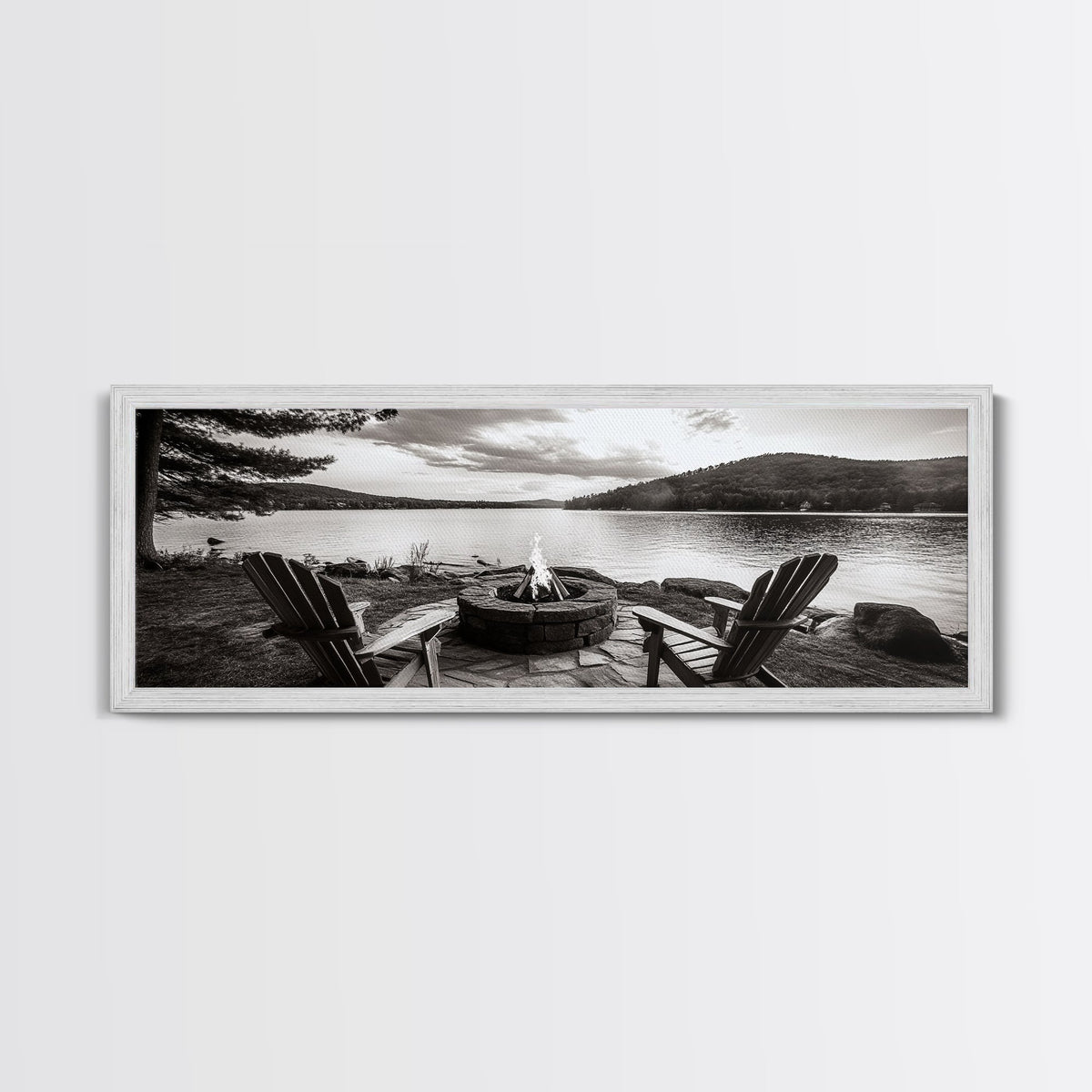 Lakeside Fire Pit, Adirondack Chairs, Mountain Retreat, Framed Canvas Print, Fall Cabin Wall Art, Rustic Living Room Decor, Cozy Mood | | Wiccan Center