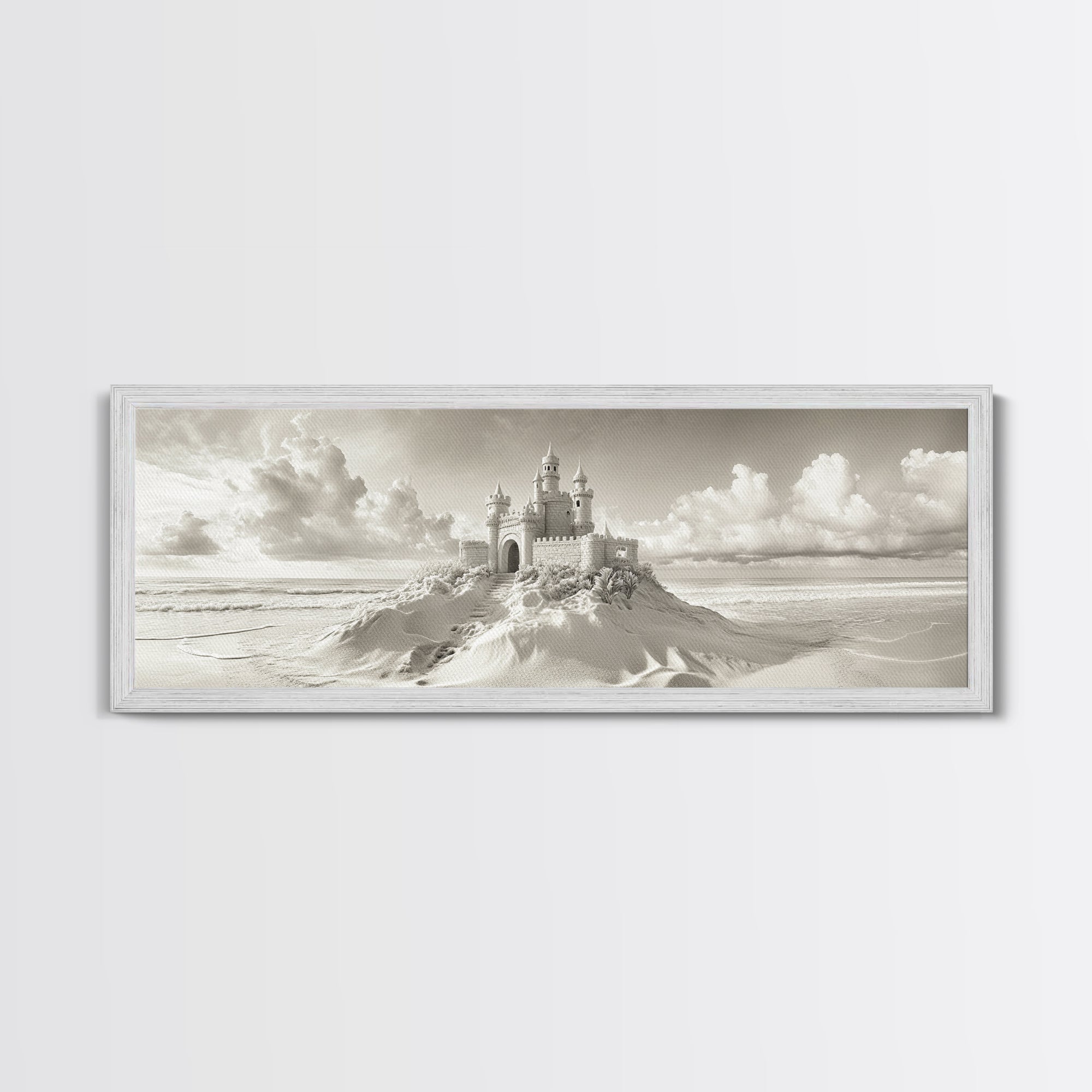 Fantasy Sand Castle, Seaside Kingdom, Dreamy Beach Scene, Magical Vibes, Framed Canvas Print, Kids Room Art, Whimsical Decor, Coastal Theme