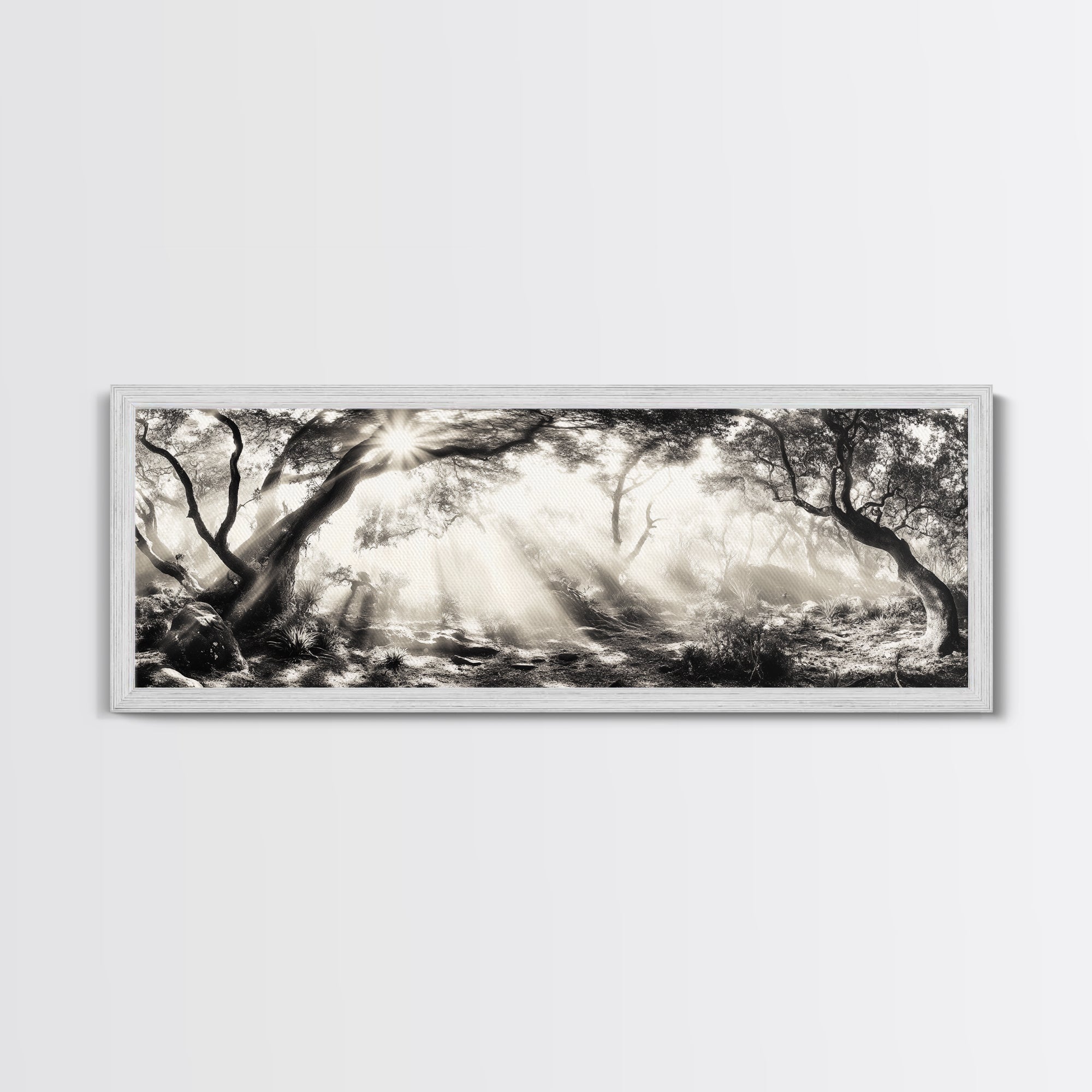 Enchanted Forest, Sunlight Rays, Dreamy Woodland, Framed Canvas Print, boho nature decor, spiritual wall art, bedroom forest scene