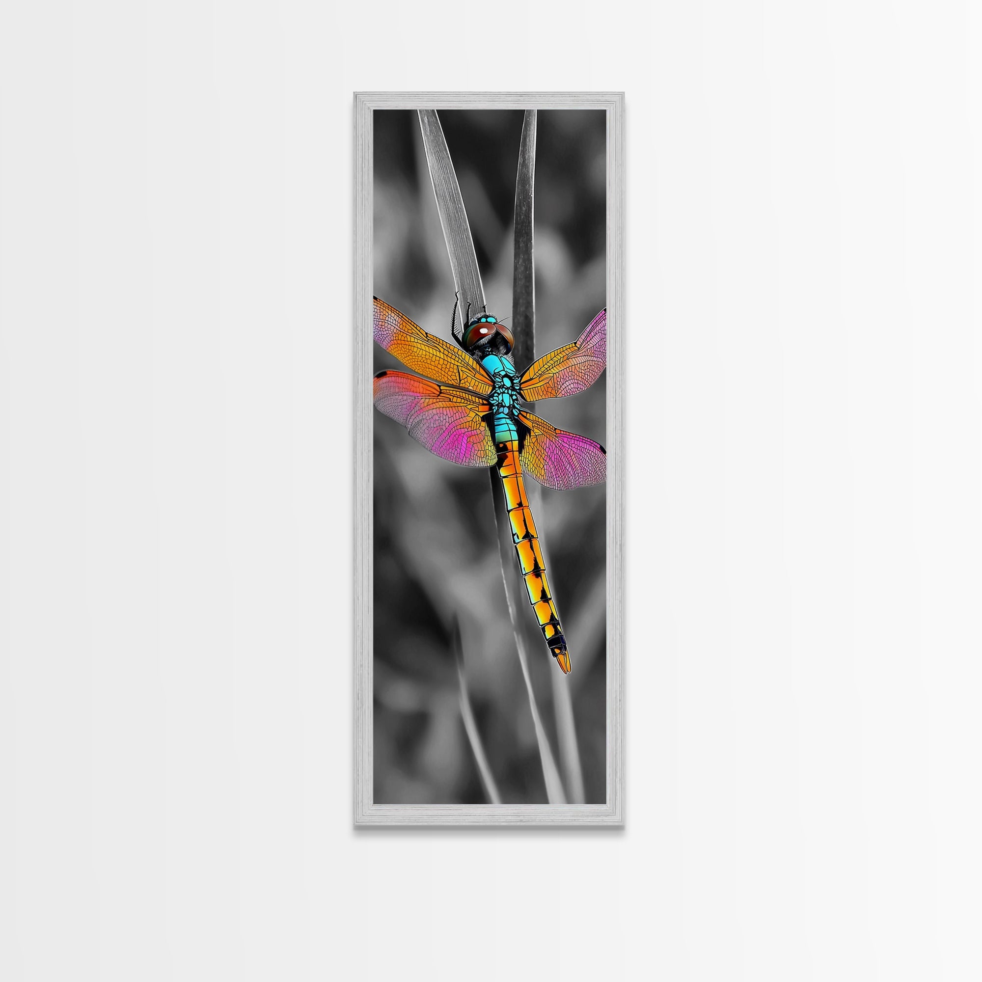 Vibrant Dragonfly, Garden Magic, Wing Detail, Nature Art – Framed Canvas Print, Living Room Wall Art, Botanical Decor, Color Pop Artwork