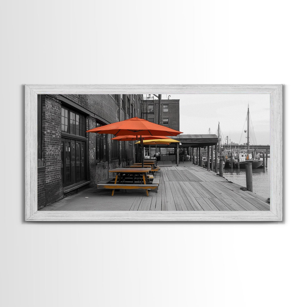 Urban Pier, Red Yellow Umbrellas, Waterfront Dining, Framed Canvas Print, Industrial Decor, Cafe Kitchen Wall Art, Cityscape Photography | | Wiccan Center