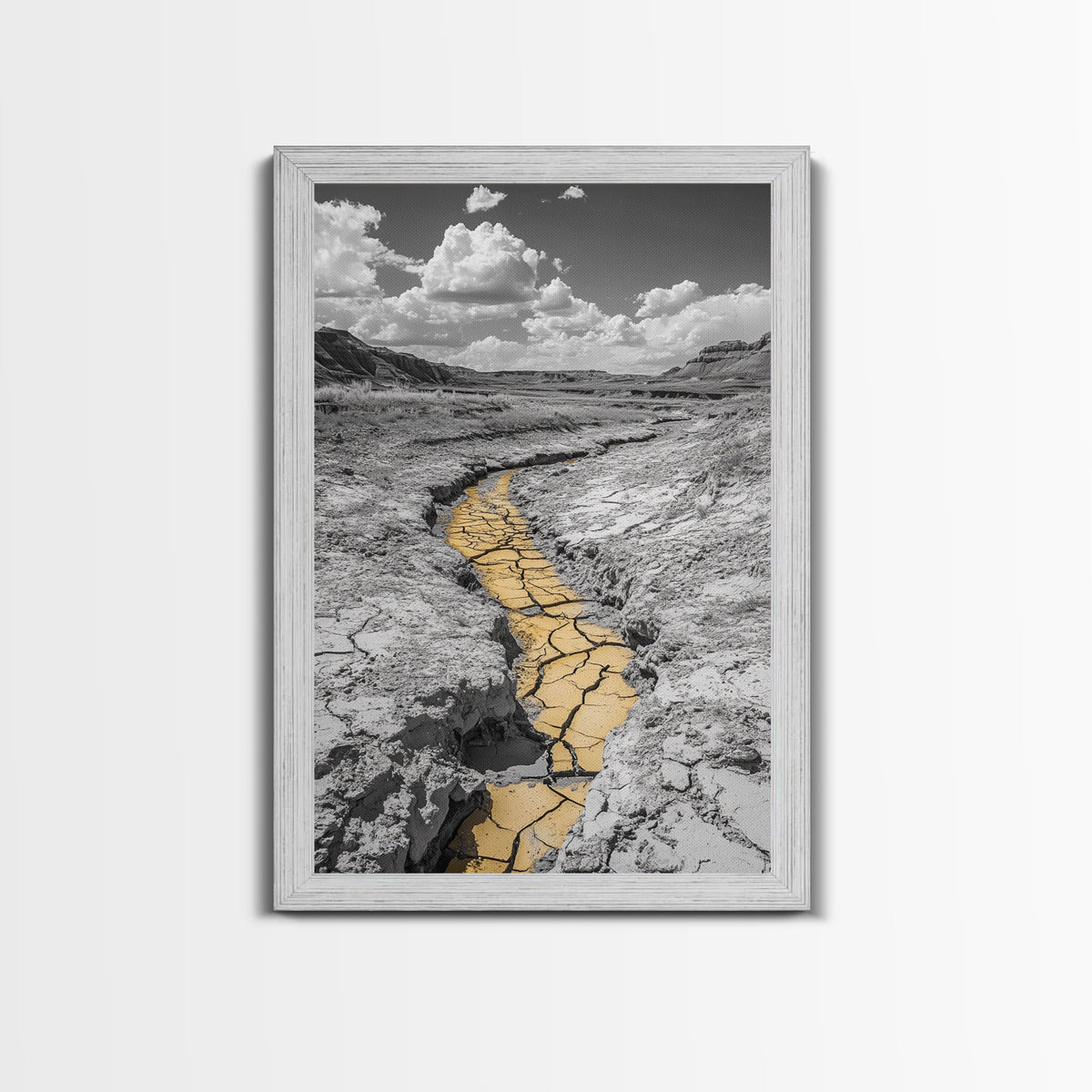 Desert Riverbed, Yellow Crack Trail, Dry Earth Path, Framed Canvas Print, Southwestern Wall Art, Minimalist Nature Decor, Earth Tone Style | | Wiccan Center