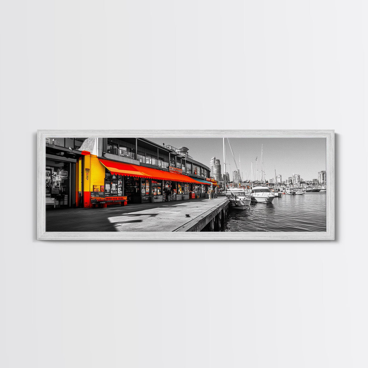 Waterfront Market, Urban Vibes, Boats and Shops, City Harbor — Framed Canvas Print, Kitchen Wall Art, Modern Cityscape, Vibrant Wall Decor | | Wiccan Center